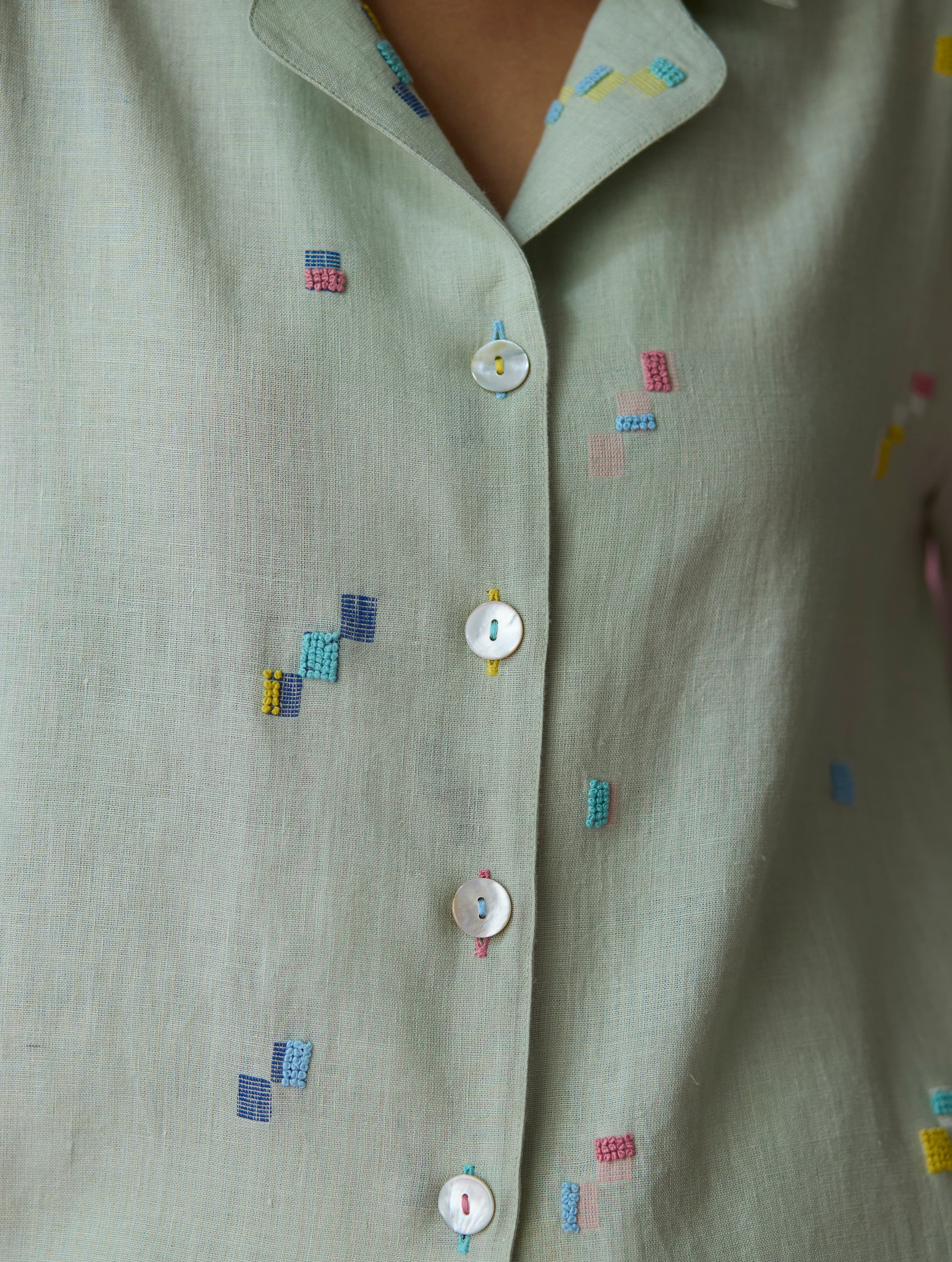 Imri Cuban Collar Jamdani Linen Shirt - Aqua - Image 12