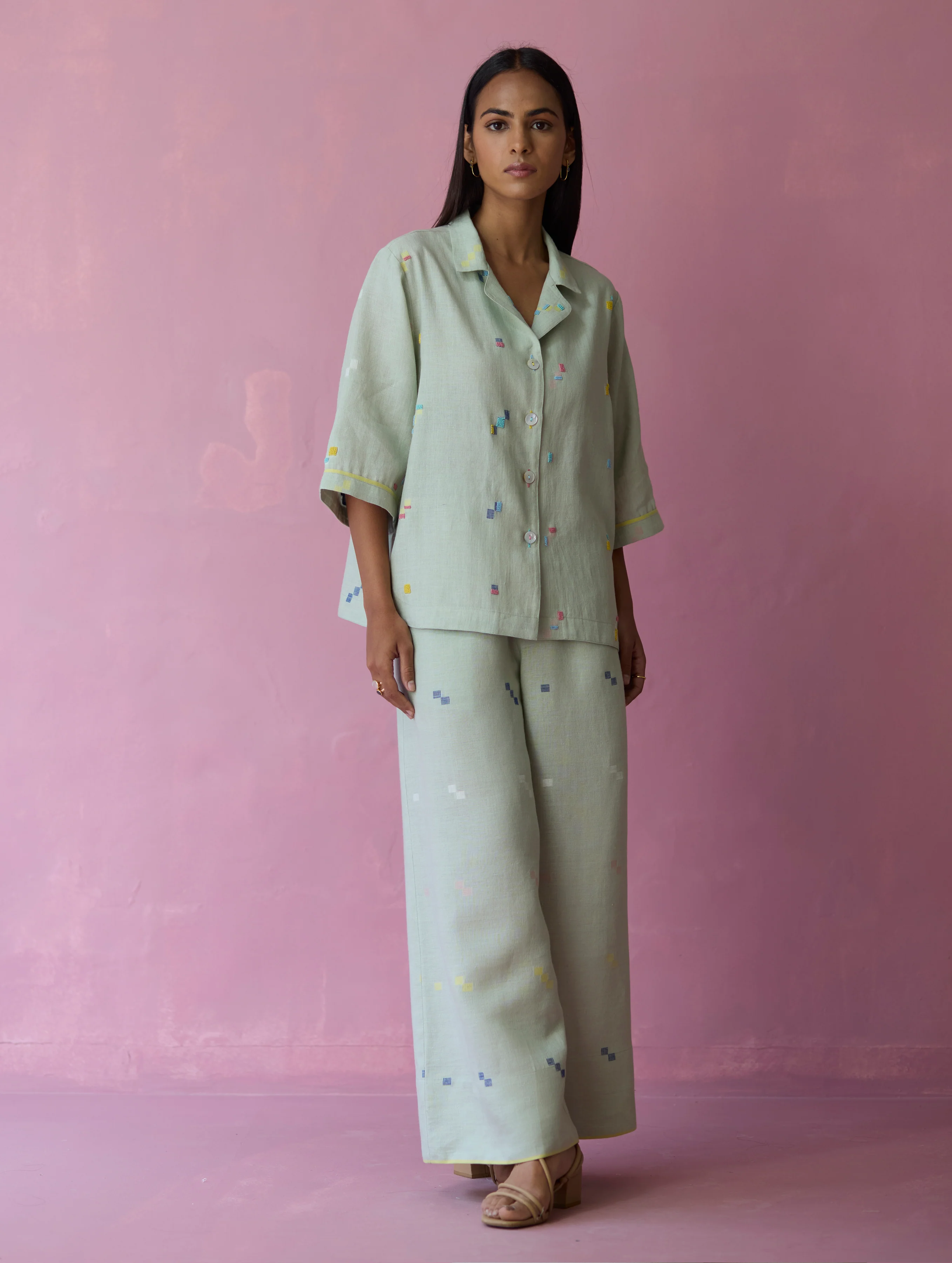 Imri Cuban Collar Jamdani Linen Shirt - Aqua - Image 7