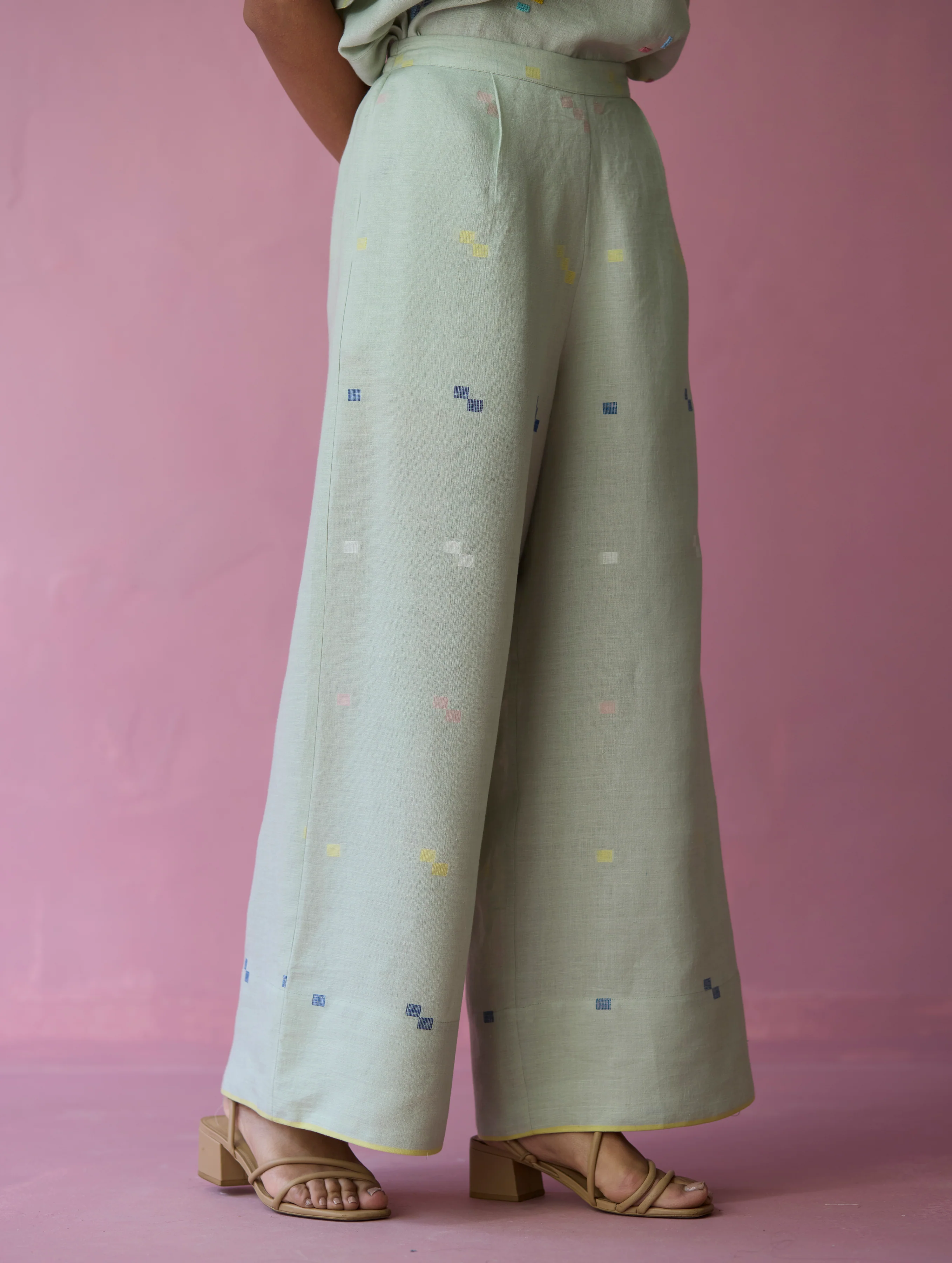 Imri Cuban Collared Jamdani Linen Co-ord Set - Aqua - Image 13