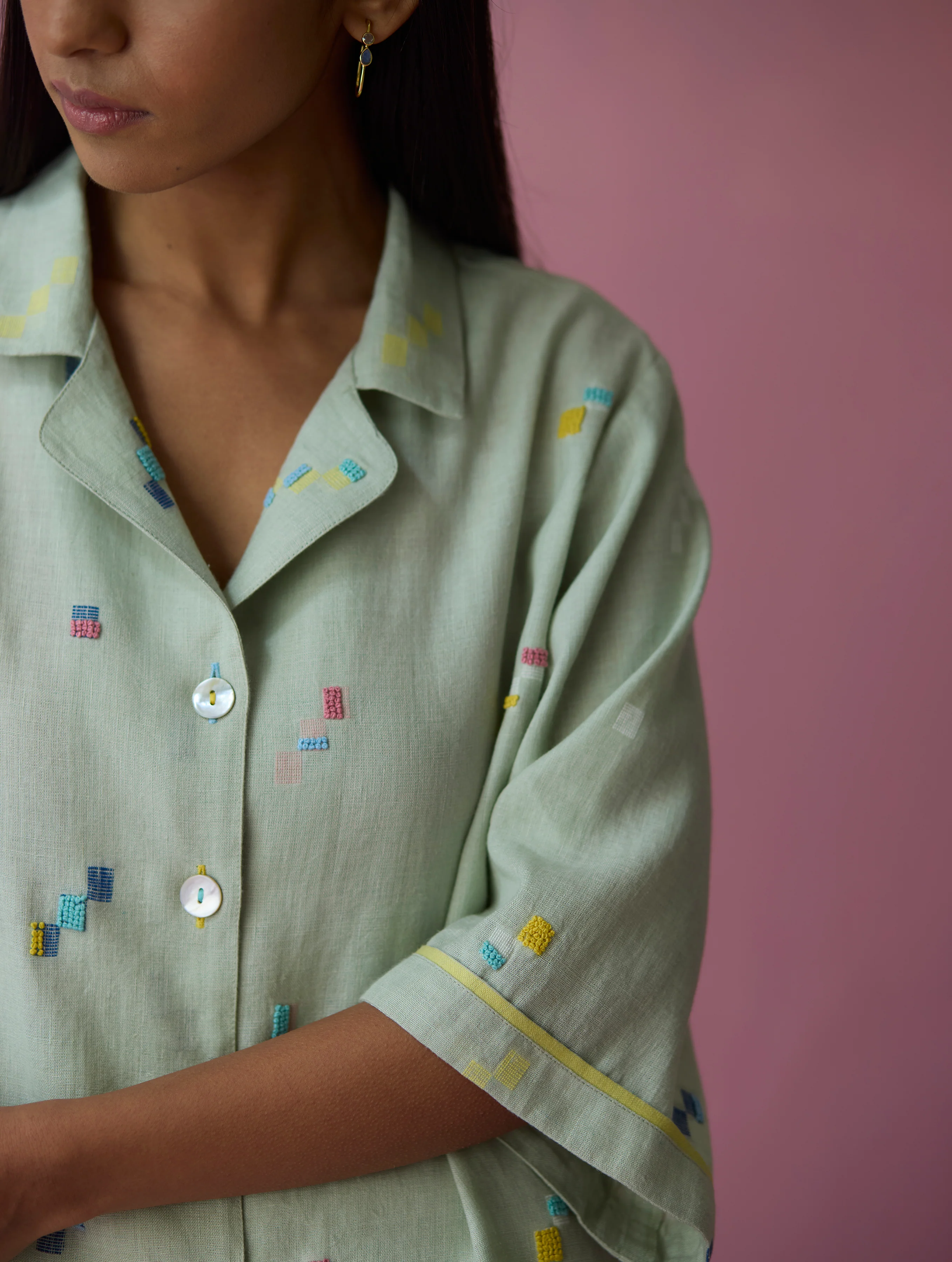 Imri Cuban Collar Jamdani Linen Shirt - Aqua - Image 4