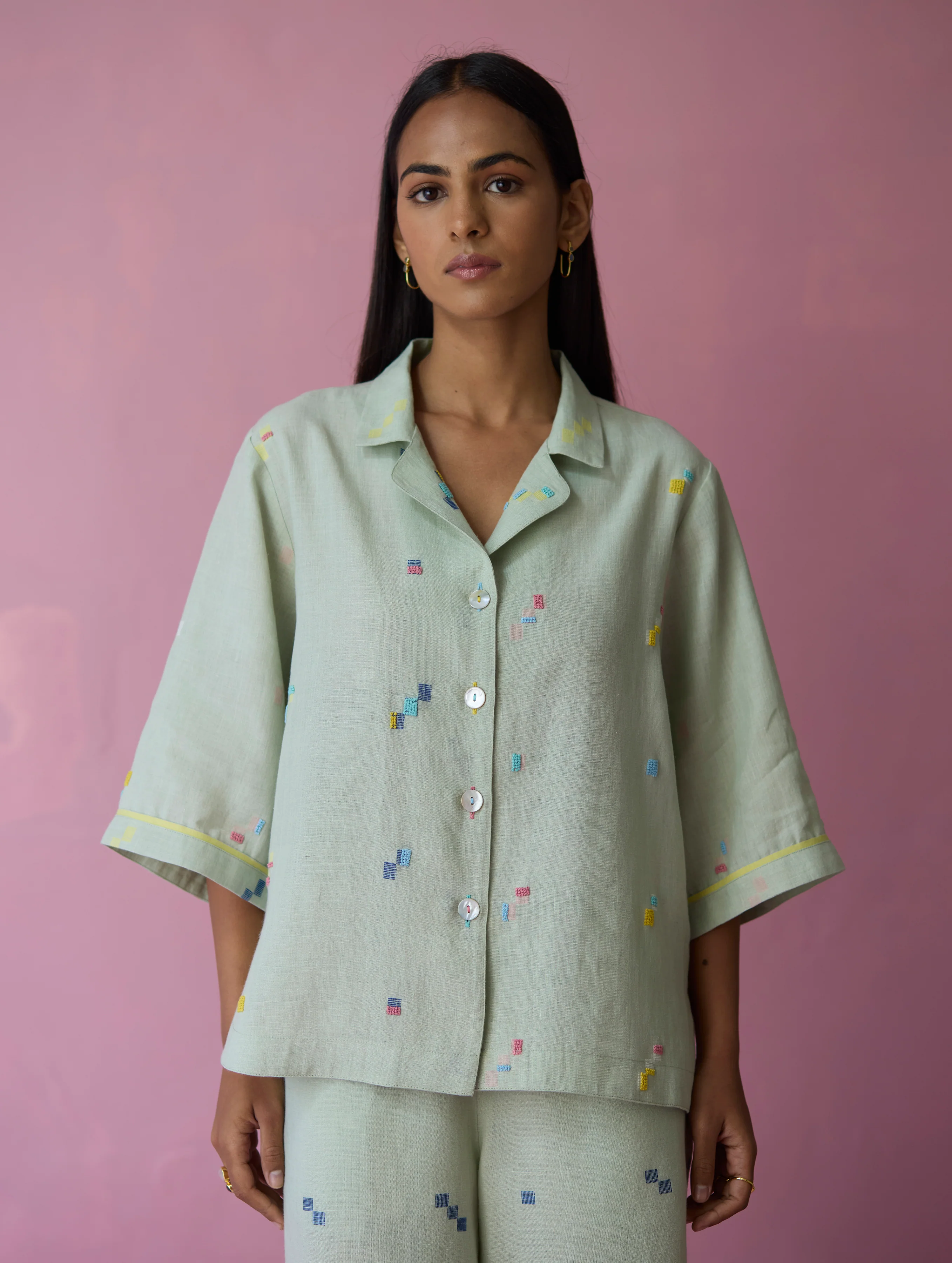 Imri Cuban Collar Jamdani Linen Shirt - Aqua