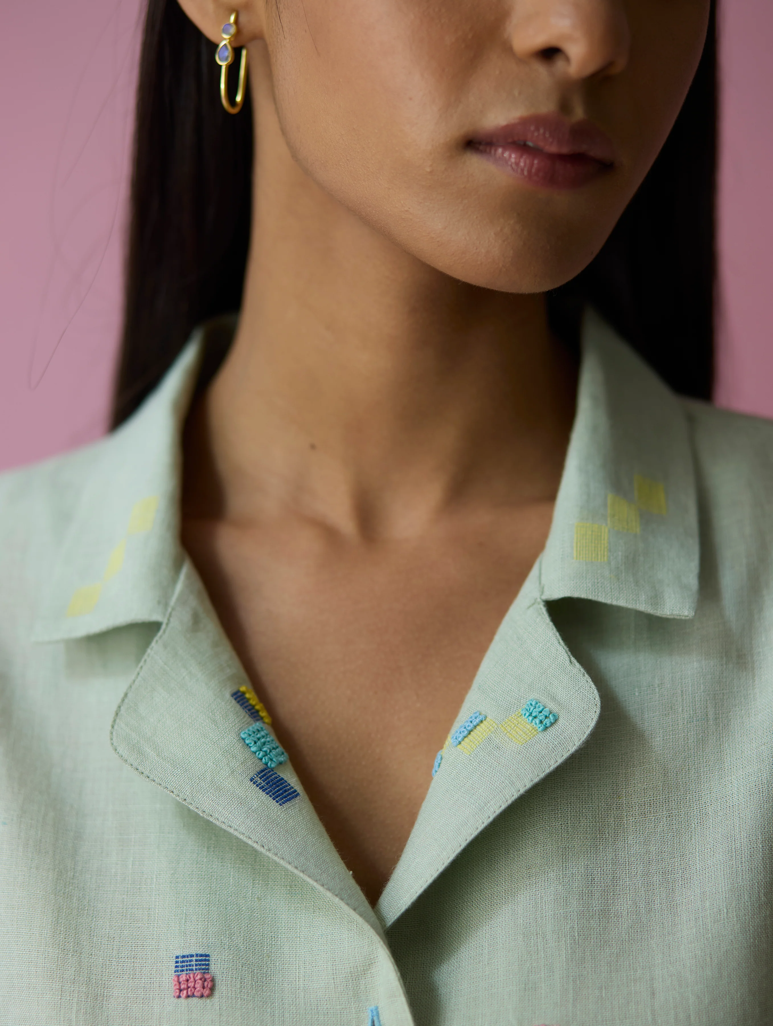 Imri Cuban Collar Jamdani Linen Shirt - Aqua - Image 8