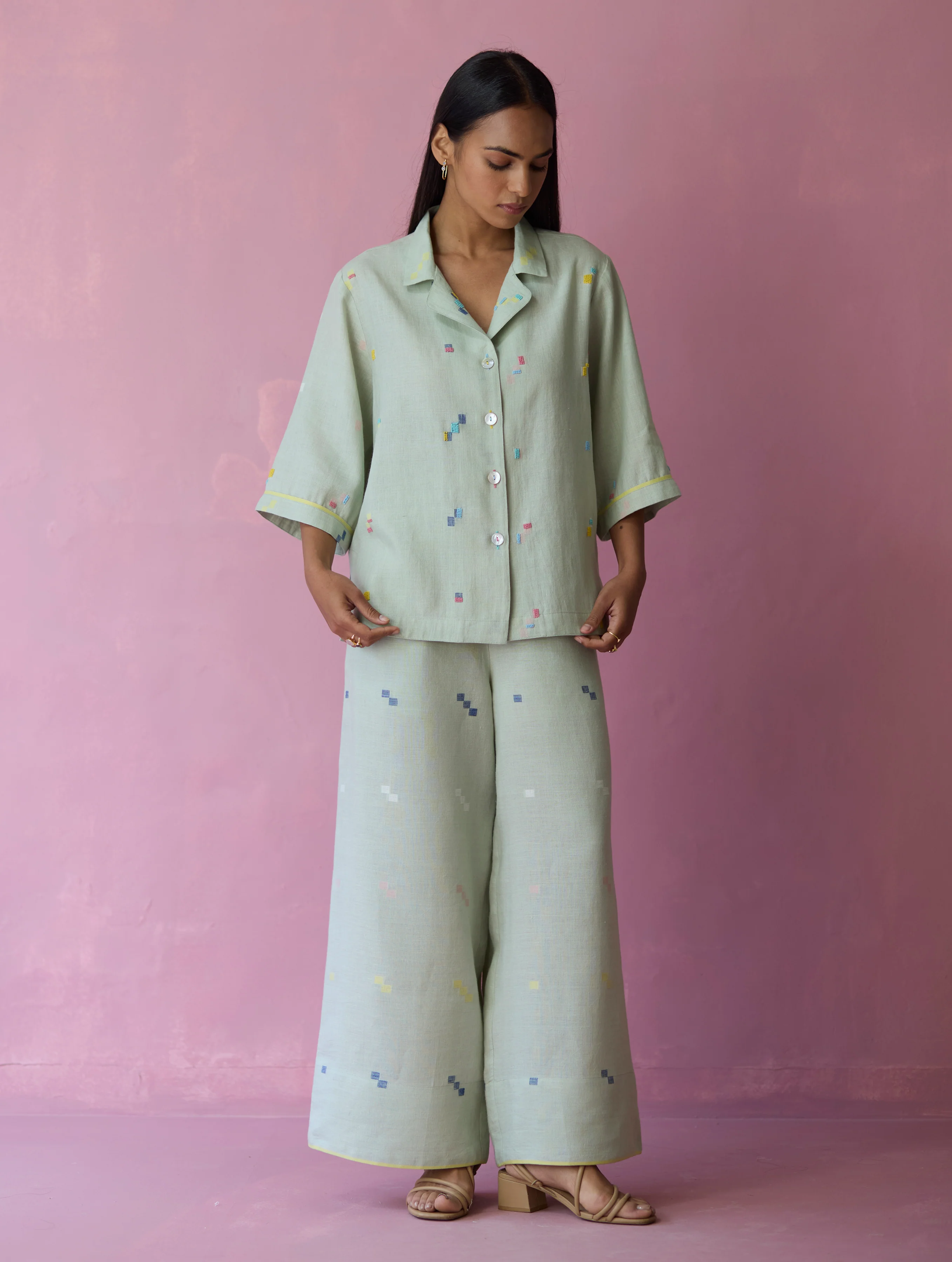 Imri Cuban Collar Jamdani Linen Shirt - Aqua - Image 3