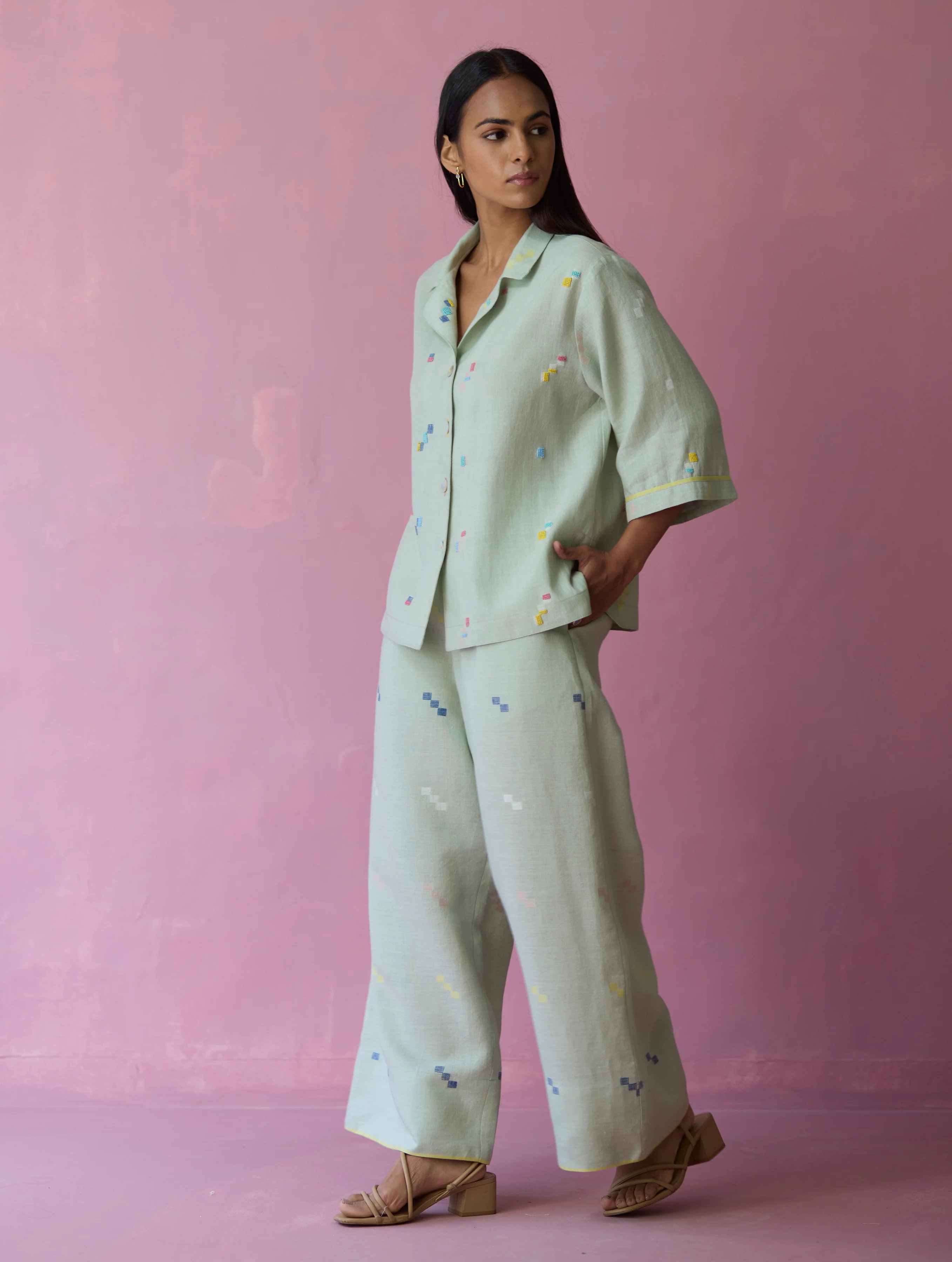 Imri Cuban Collar Jamdani Linen Shirt - Aqua - Image 5