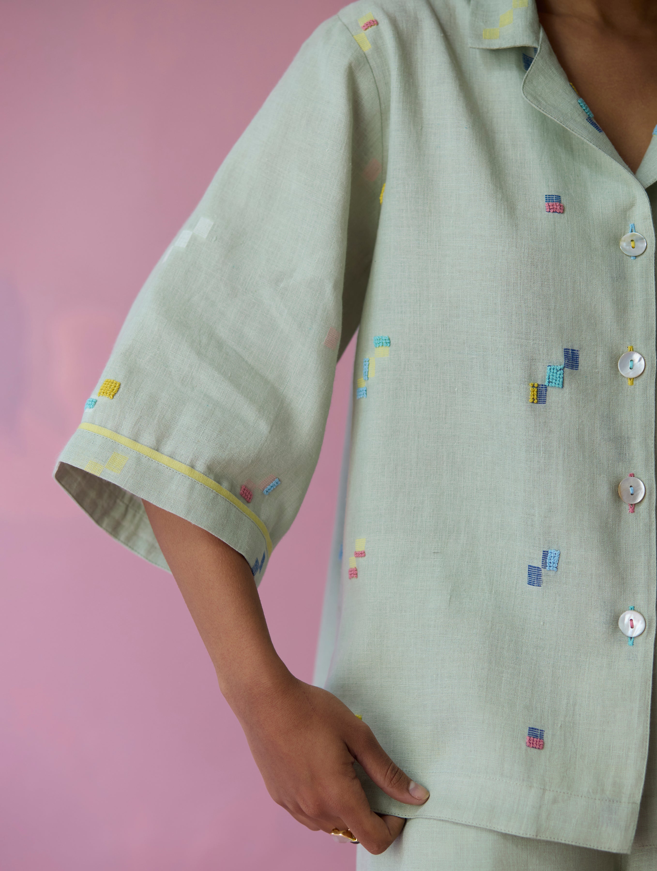 Imri Cuban Collar Jamdani Linen Shirt - Aqua - Image 10