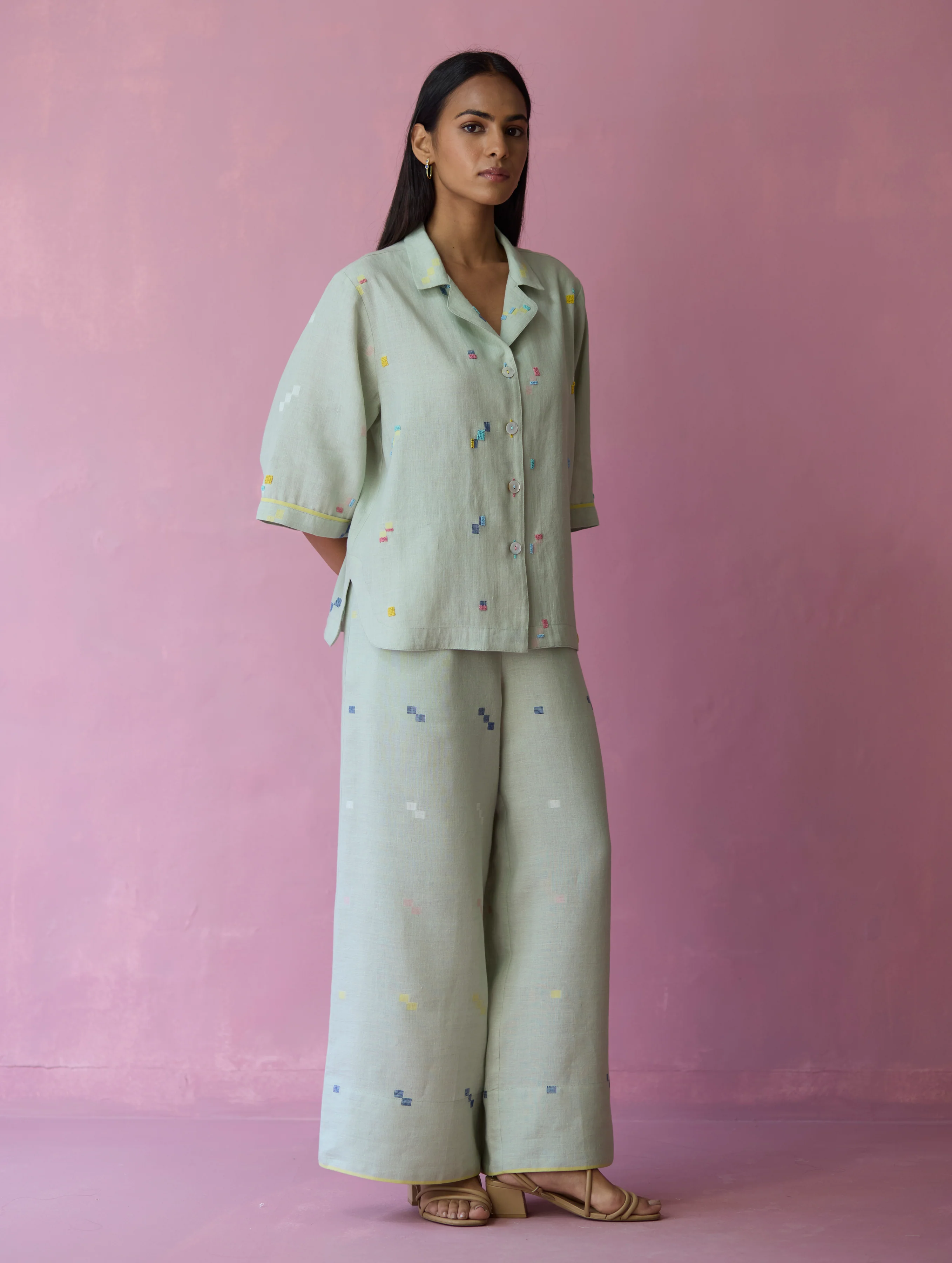 Imri Cuban Collared Jamdani Linen Co-ord Set - Aqua - Image 7