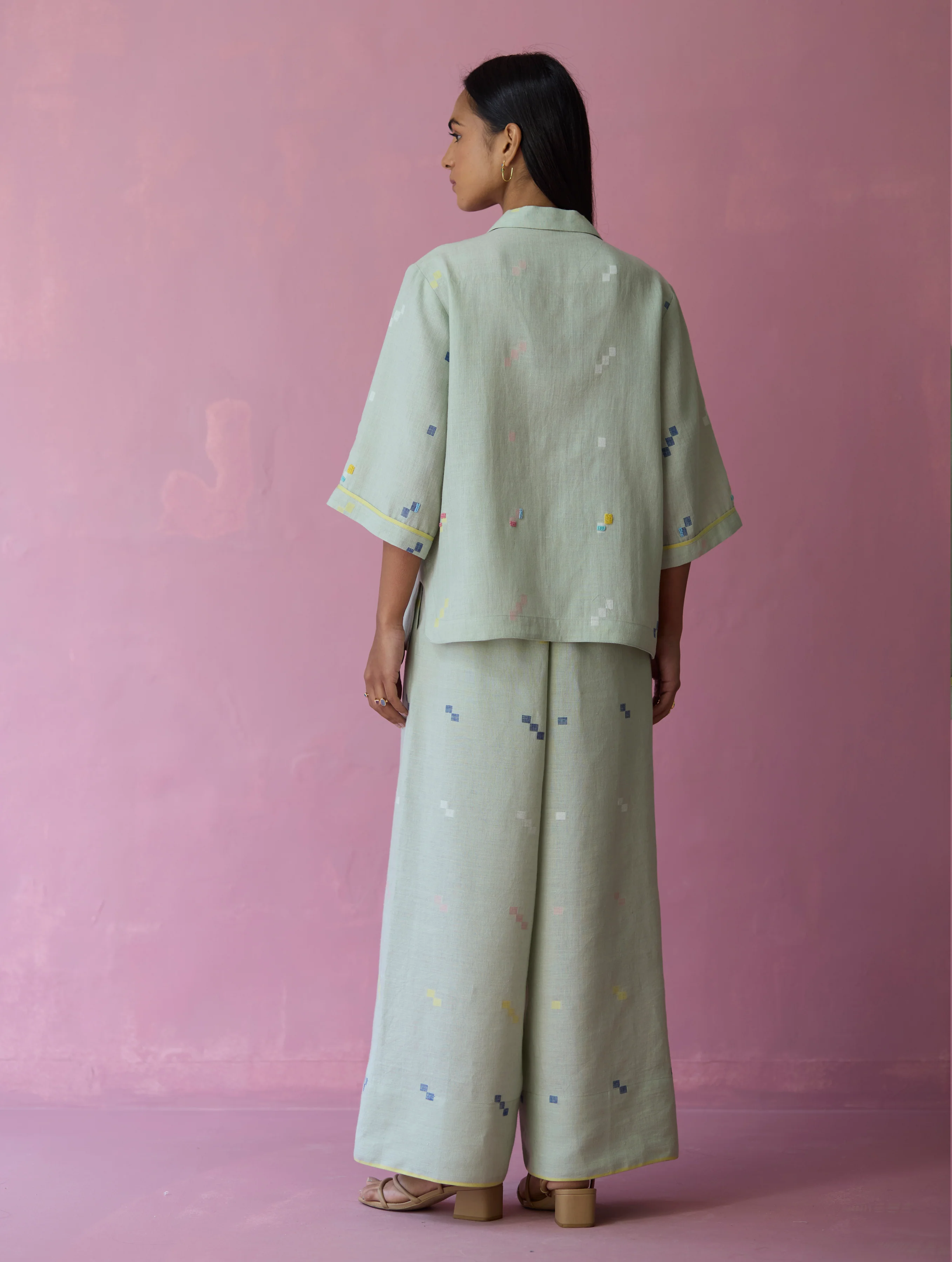 Imri Cuban Collar Jamdani Linen Shirt - Aqua - Image 11