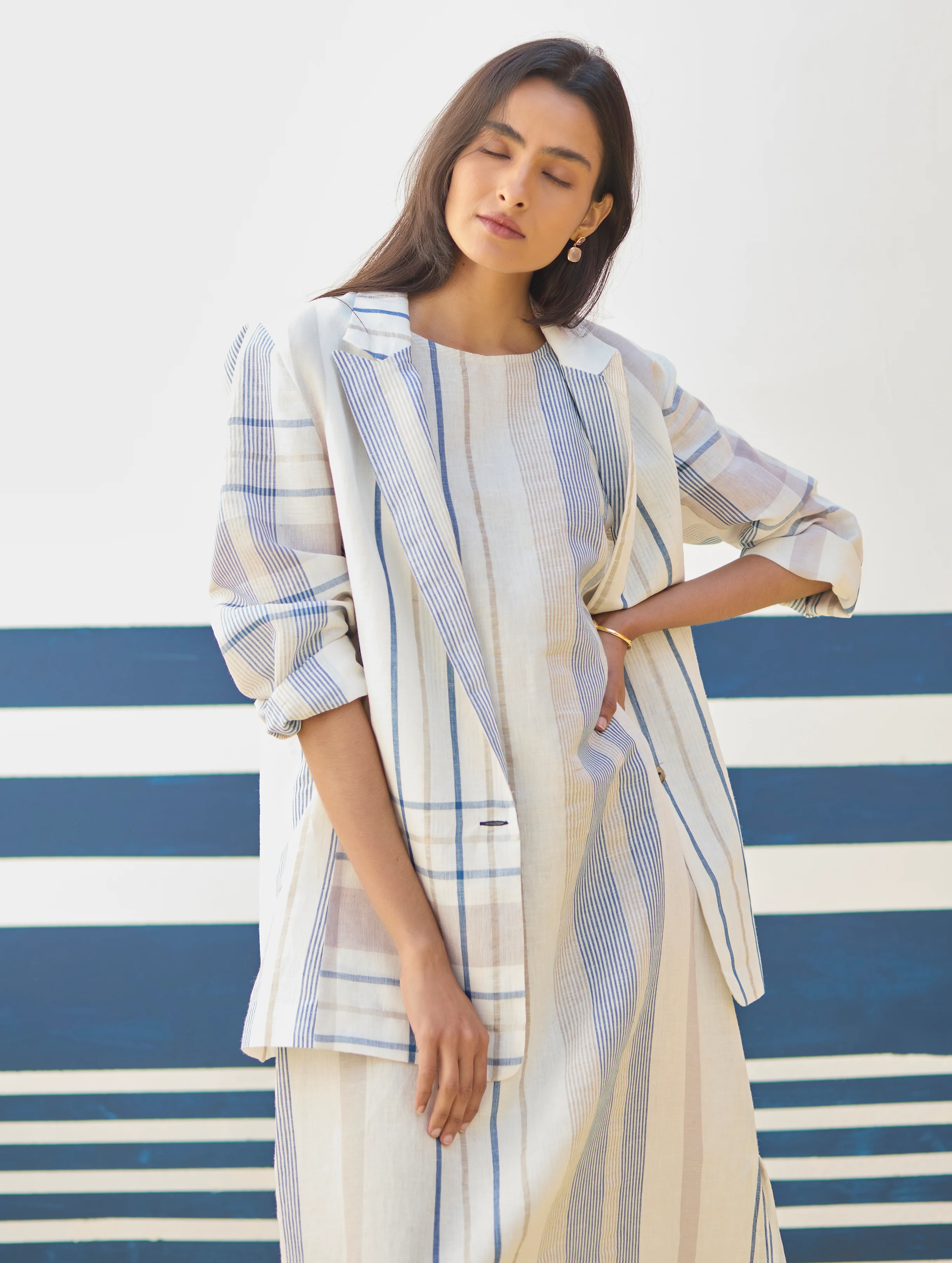 Inara Check Linen Dress With Blazer - Ivory - Image 3