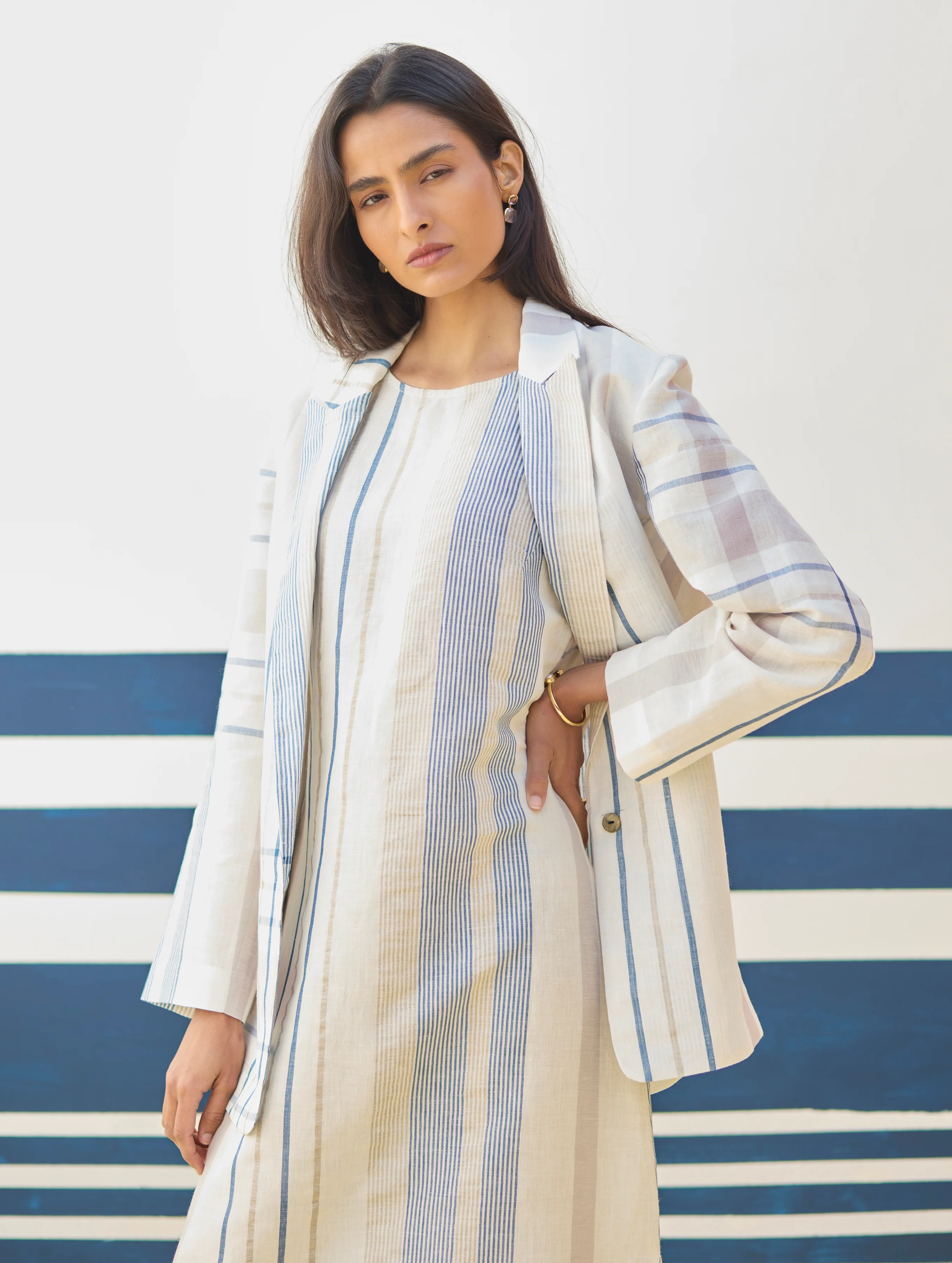 Inara Check Linen Dress With Blazer - Ivory - Image 8