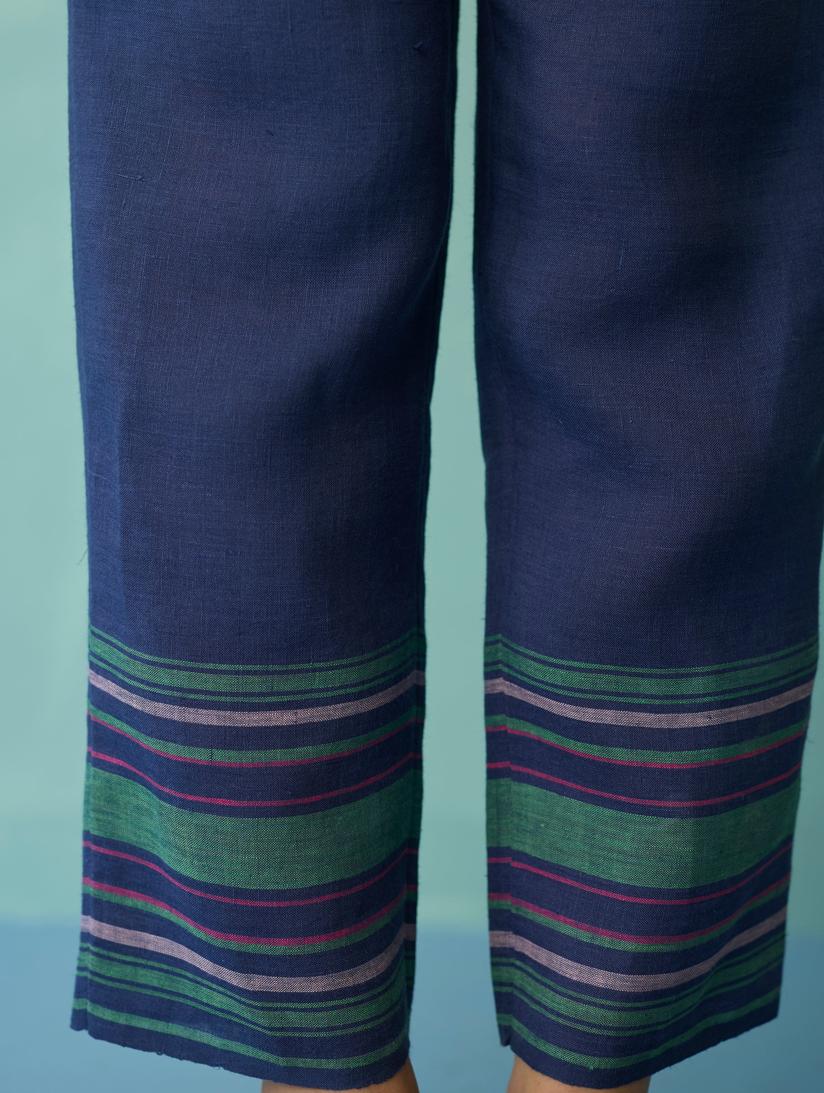 Ines Border Linen Tapered Pants - Indigo