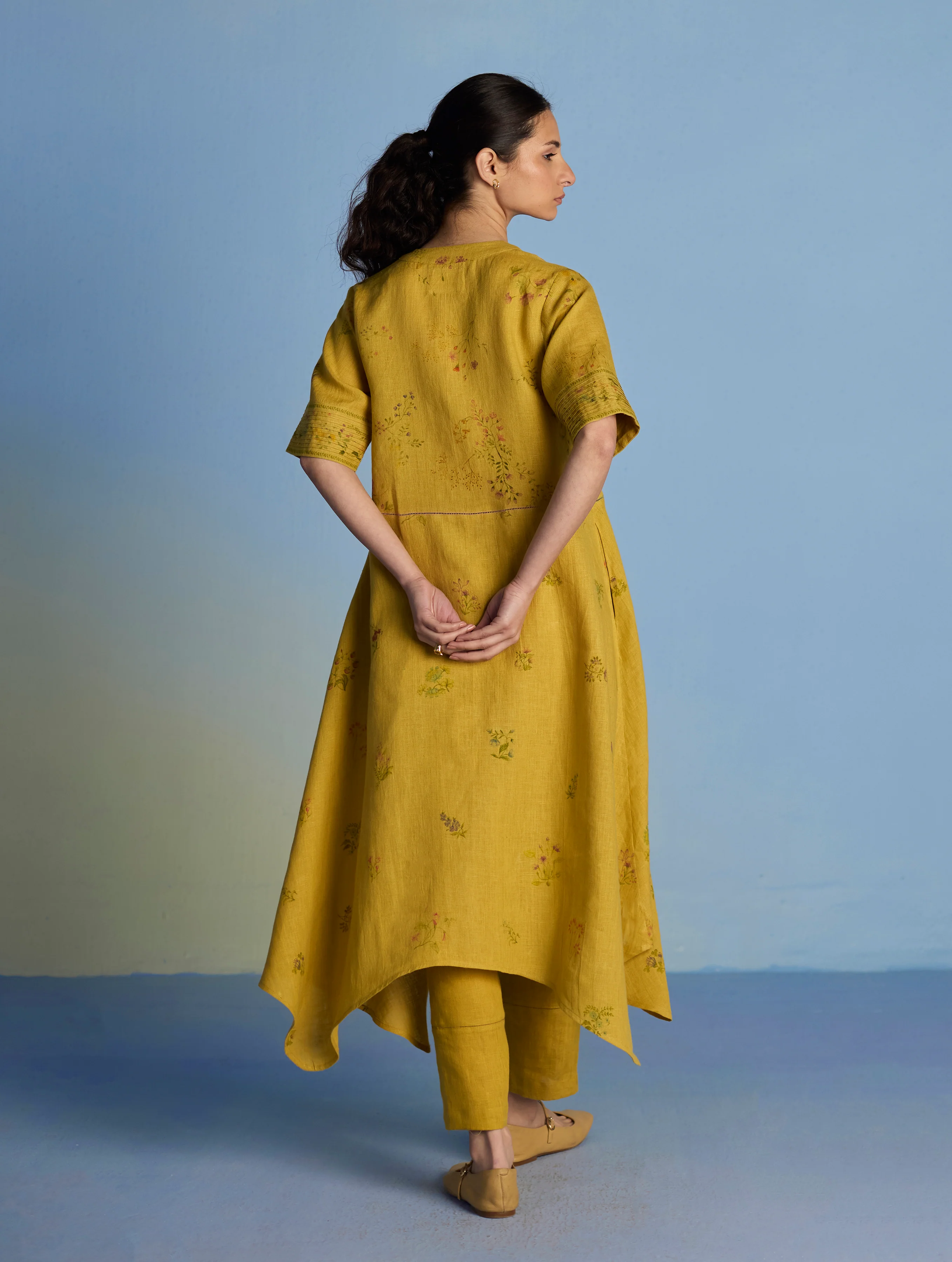 Inoya Shirt Kurta with Handkerchief Hem - Ochre - Image 6