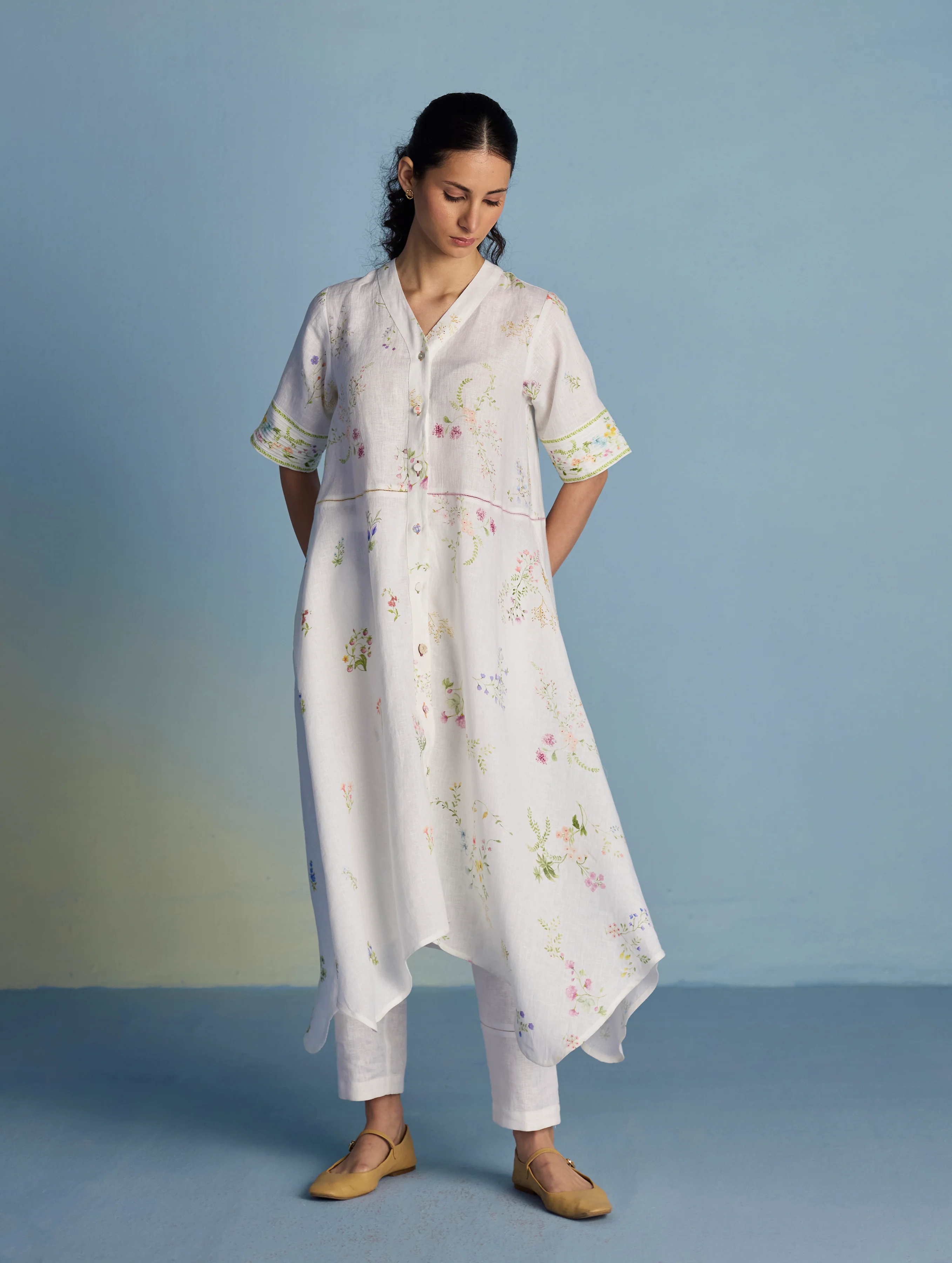 Inoya Shirt Kurta with Handkerchief Hem - White - Image 3