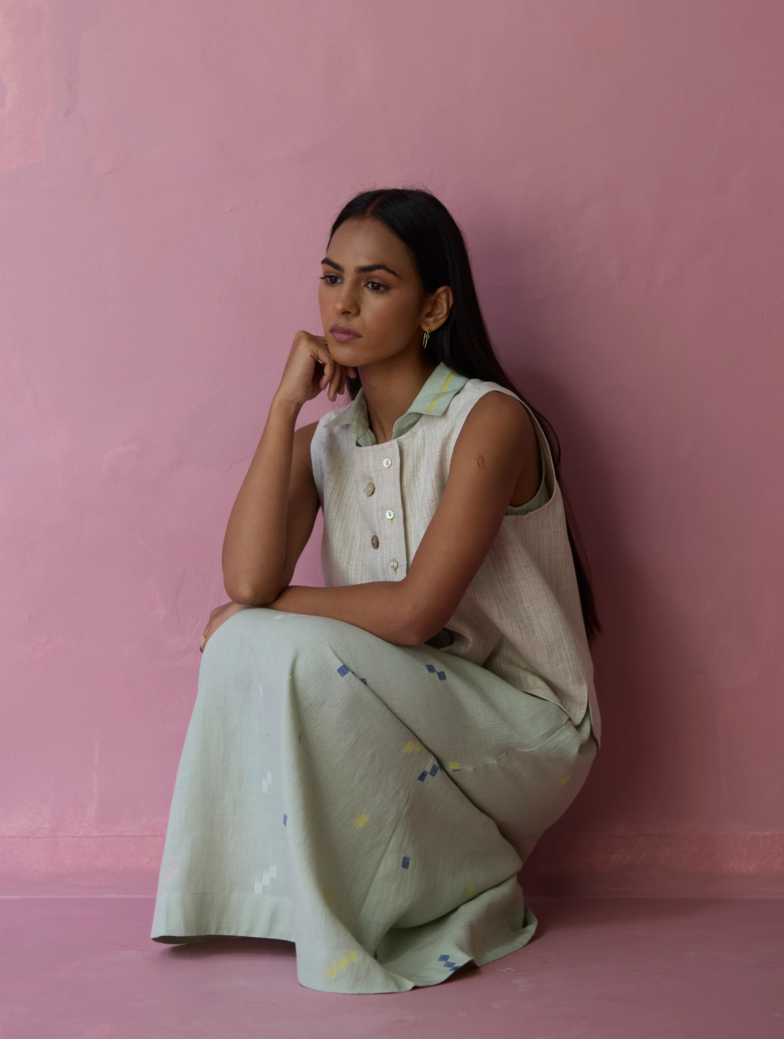 Ira Pickstitch Linen Vest - Ecru - Image 3