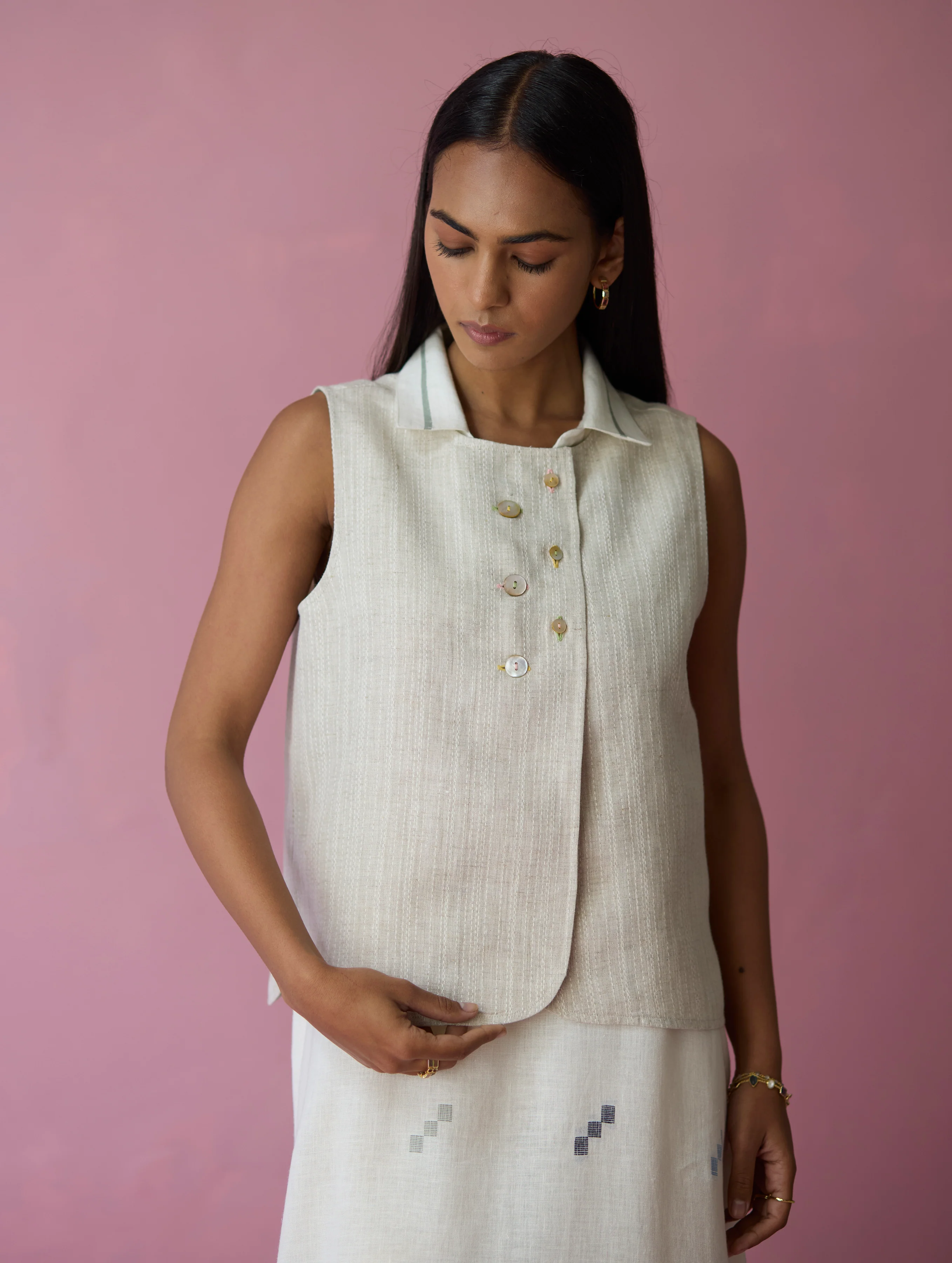 Ira Pickstitch Linen Vest - Ecru - Image 5