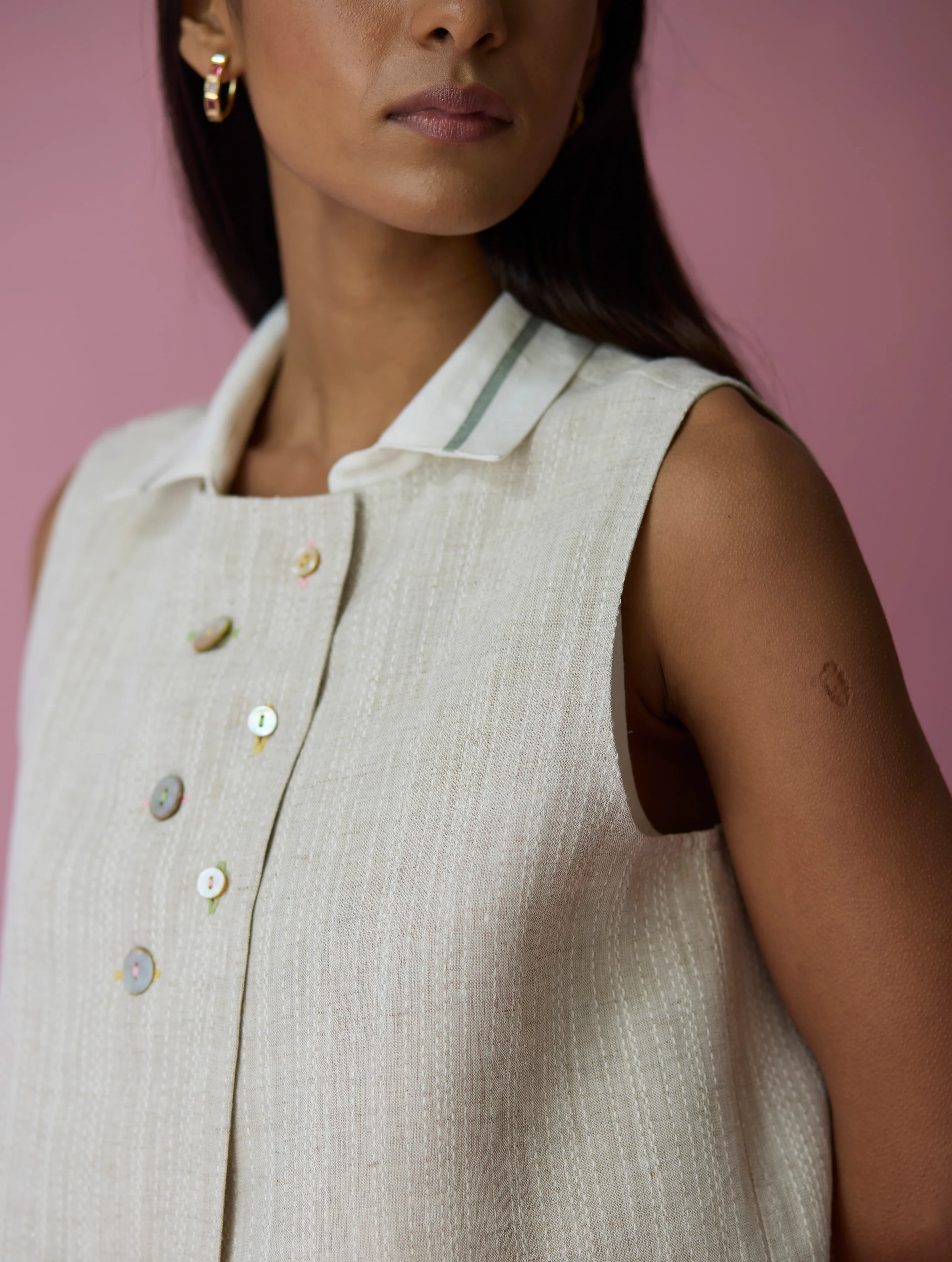 Ira Pickstitch Linen Vest - Ecru - Image 7