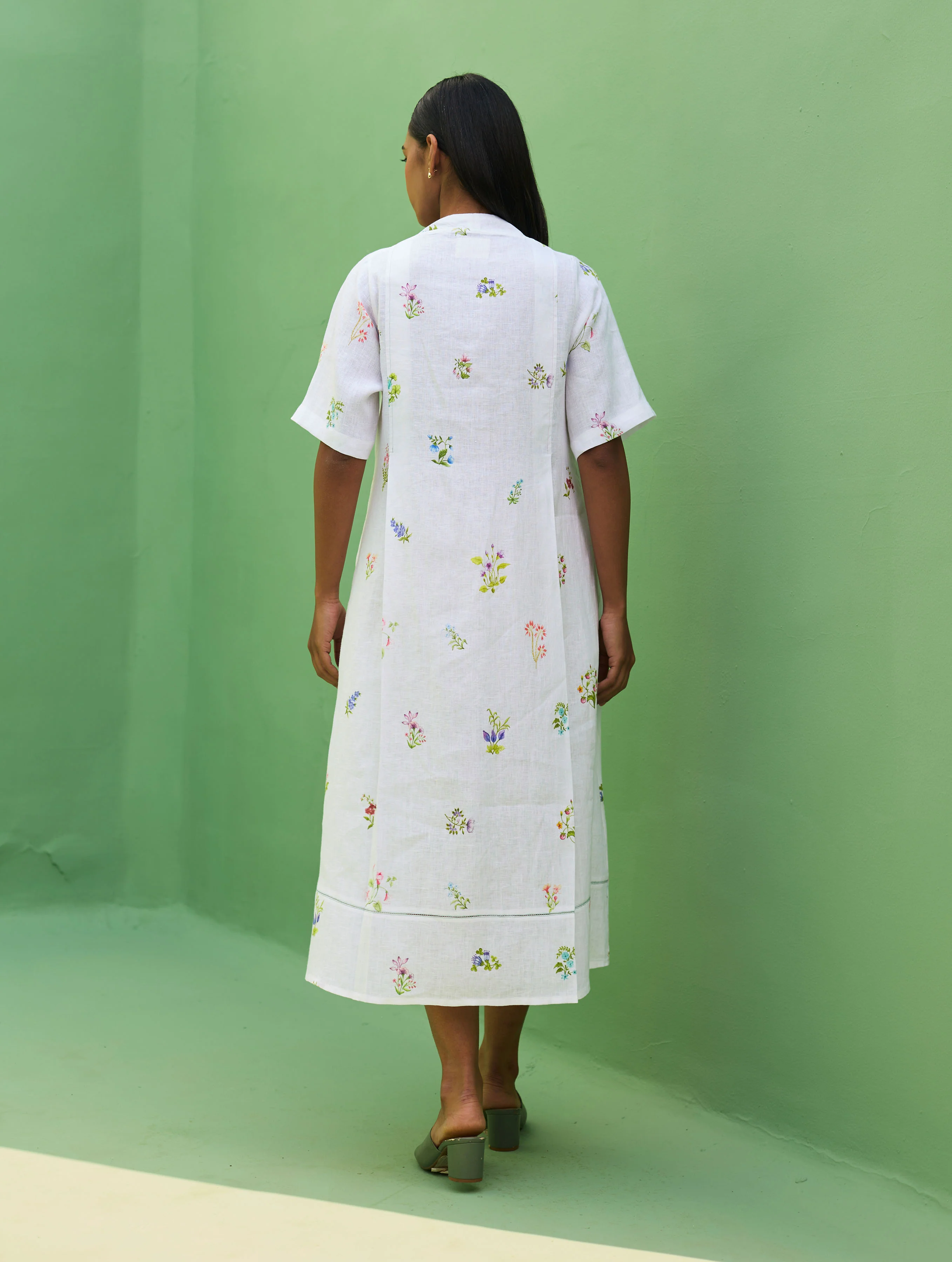 Ita Pleated Floral Linen Dress - Ivory - Image 10