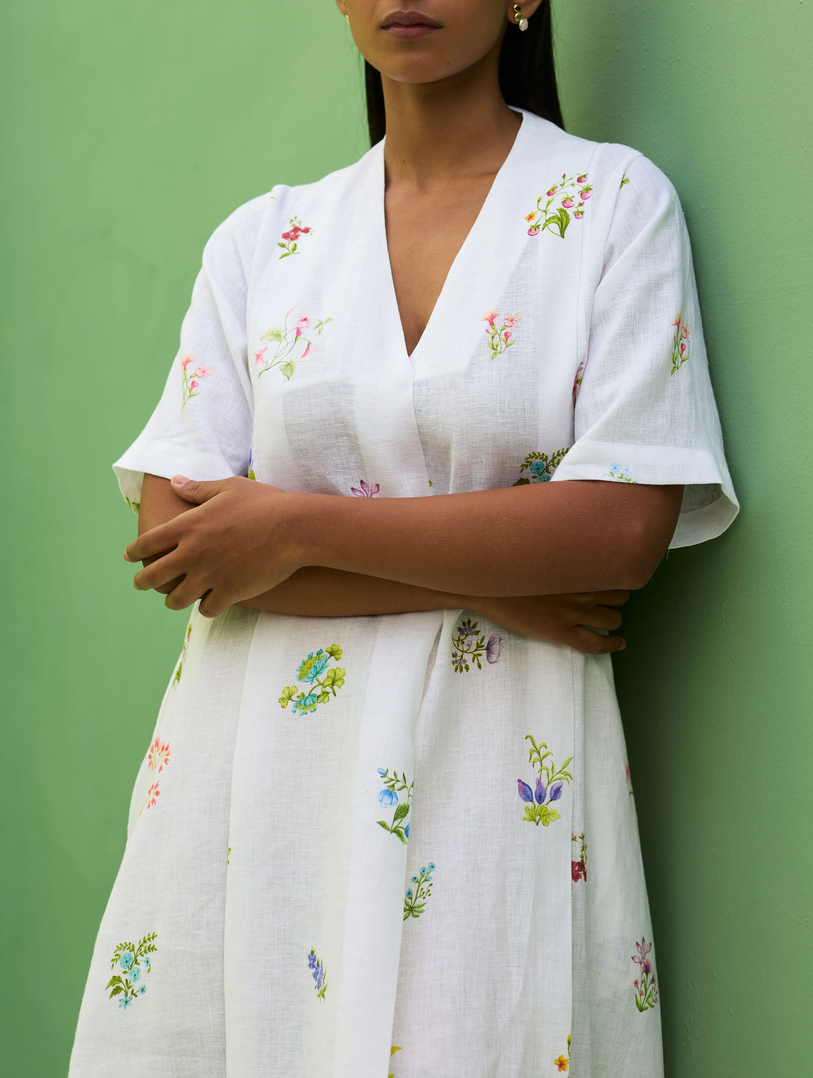 Ita Pleated Floral Linen Dress - Ivory - Image 11