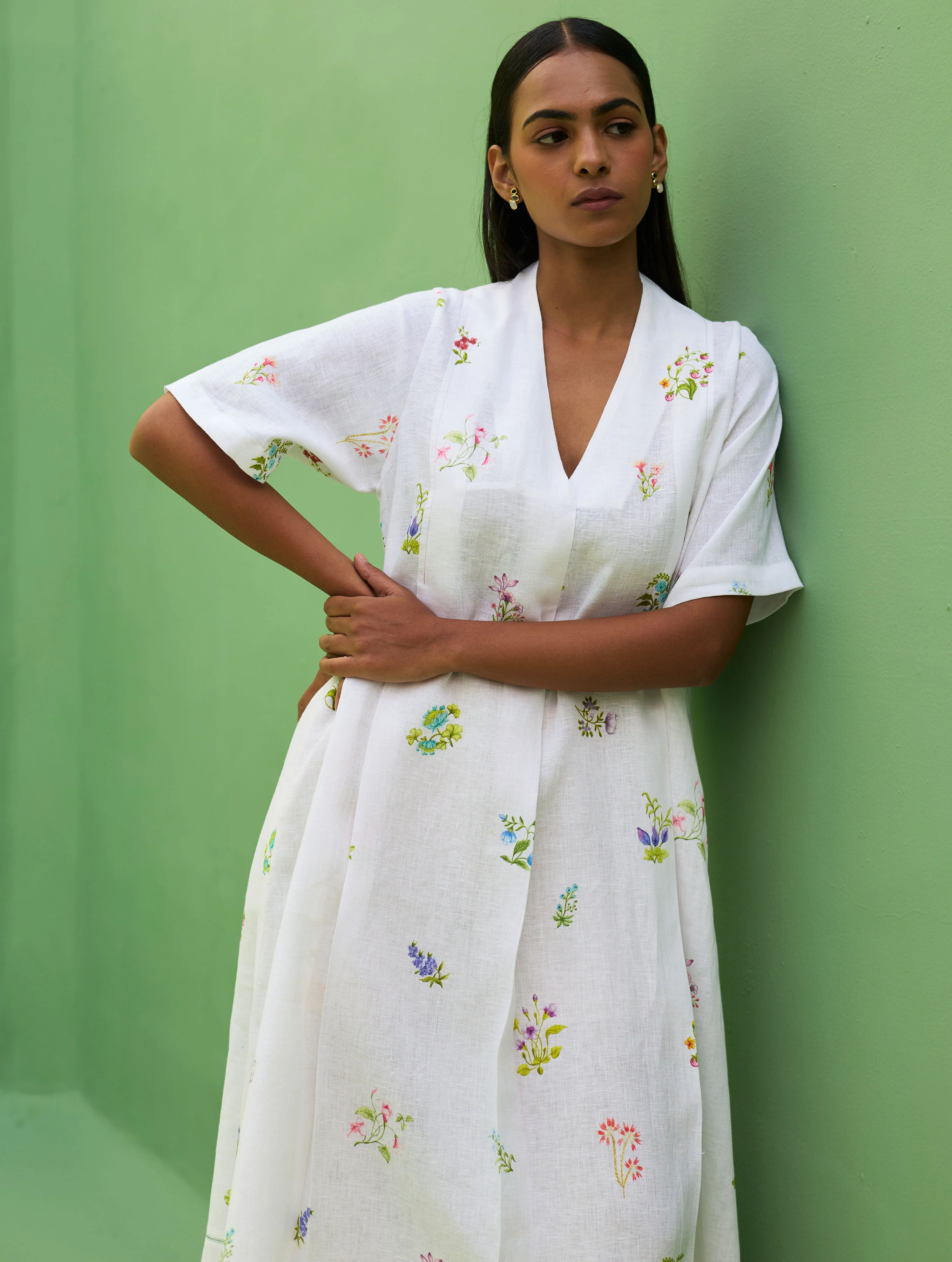 Ita Pleated Floral Linen Dress - Ivory - Image 3