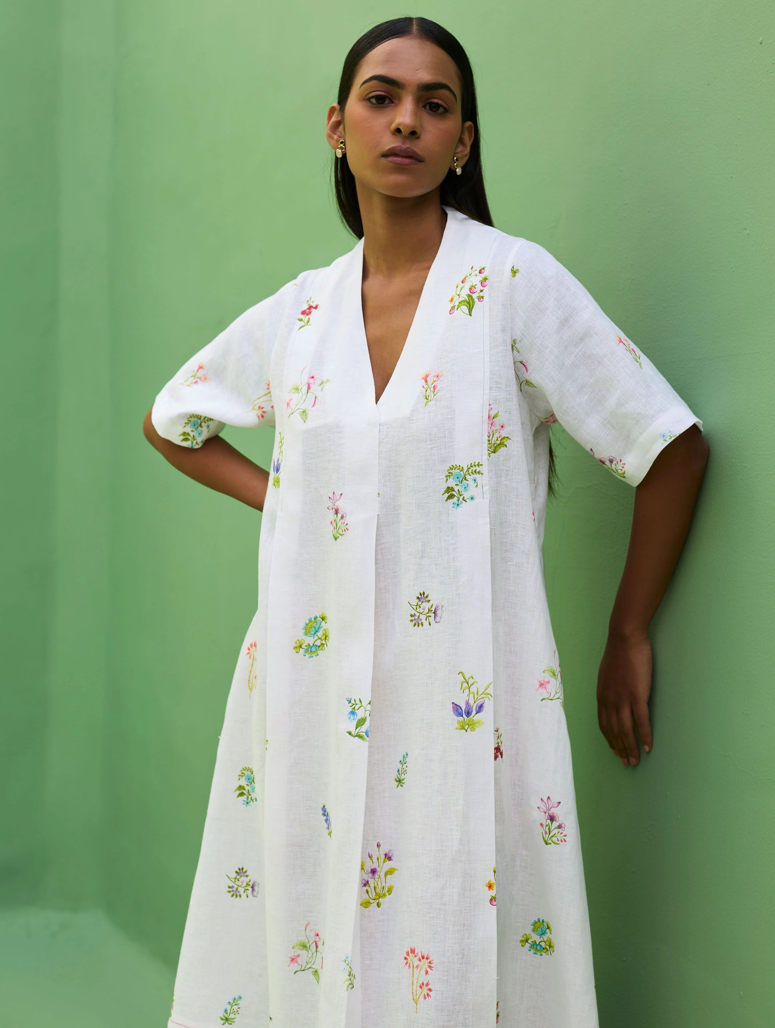 Ita Pleated Floral Linen Dress - Ivory - Image 5