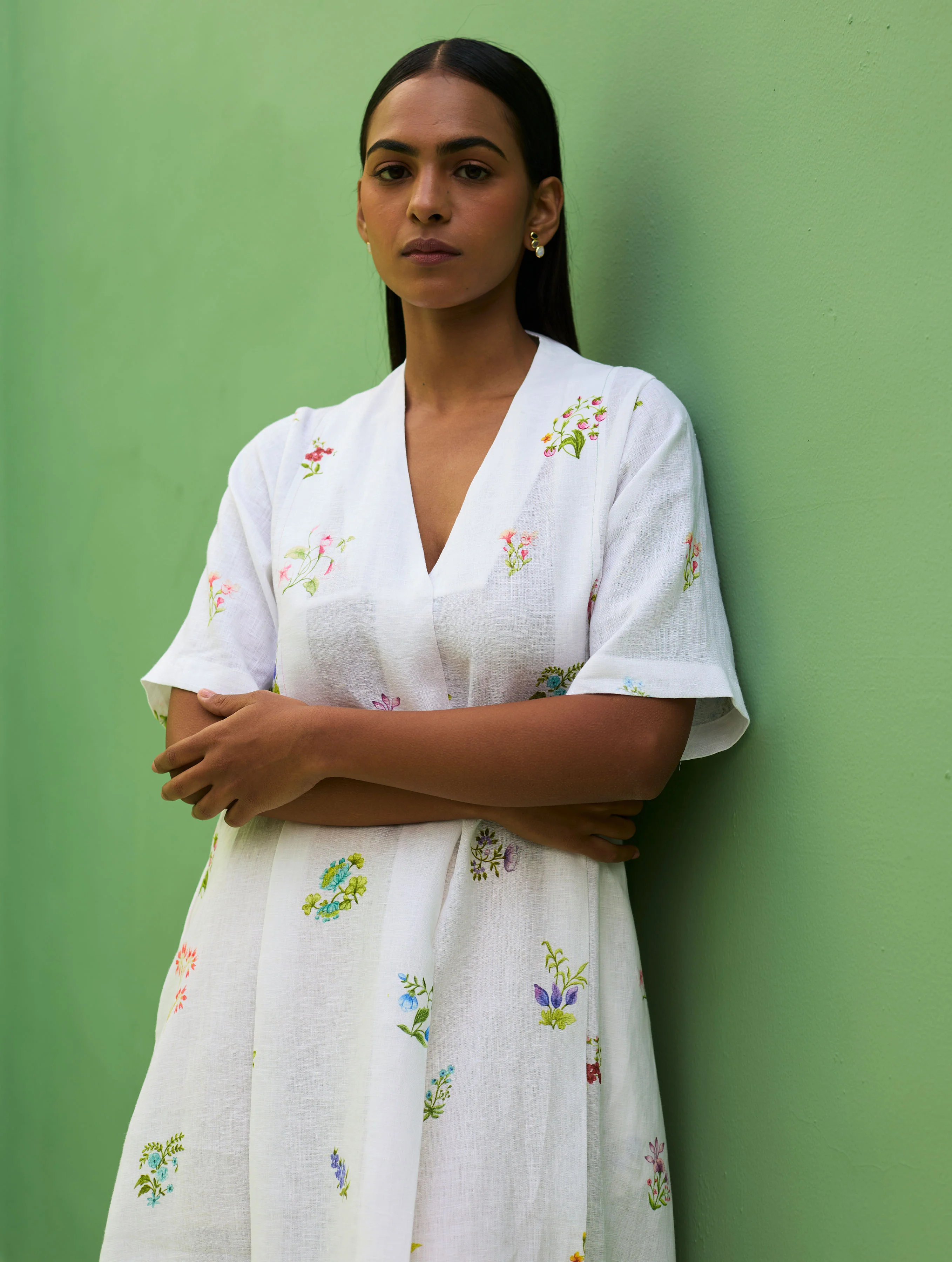 Ita Pleated Floral Linen Dress - Ivory - Image 6