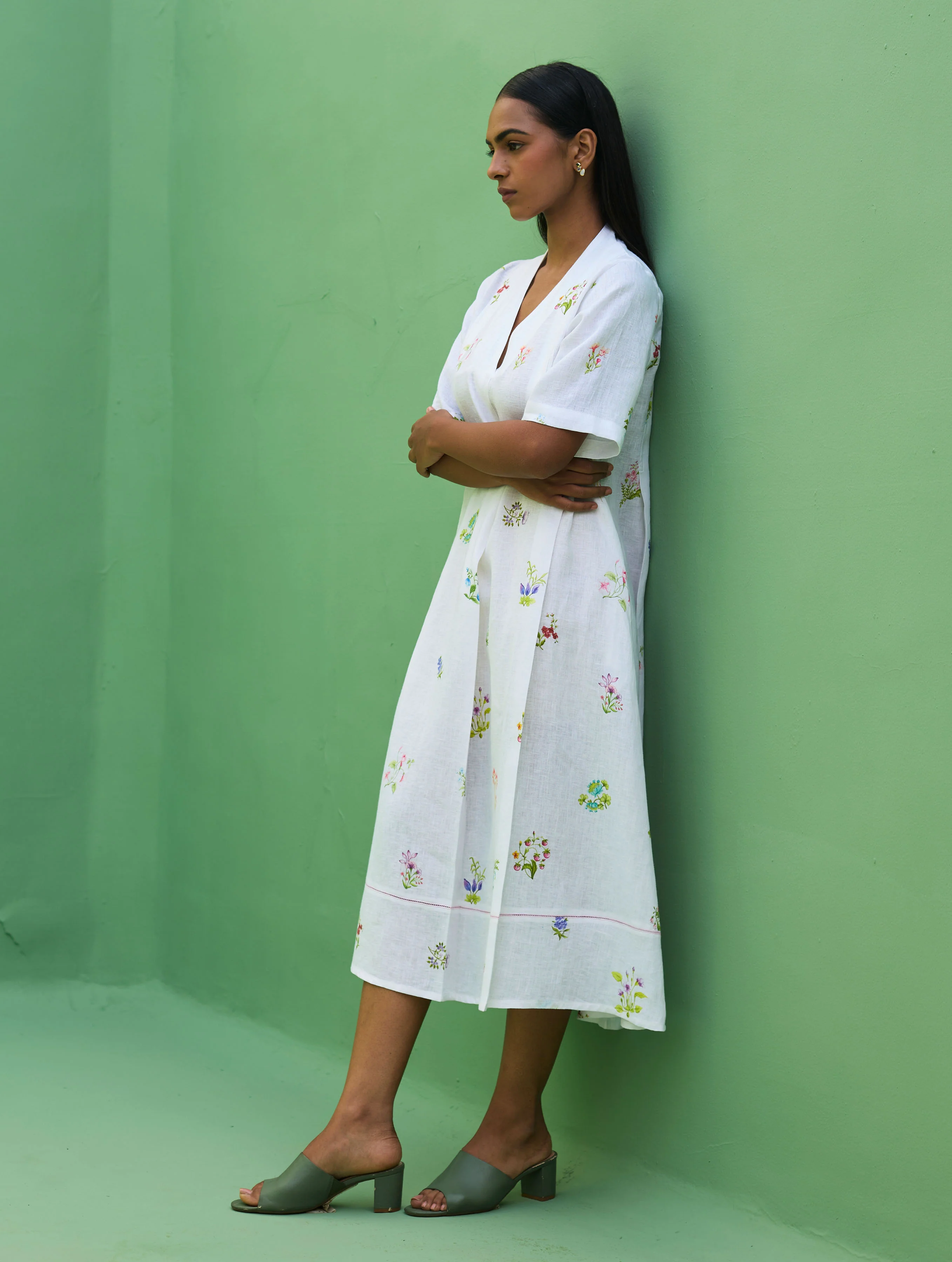 Ita Pleated Floral Linen Dress - Ivory - Image 7