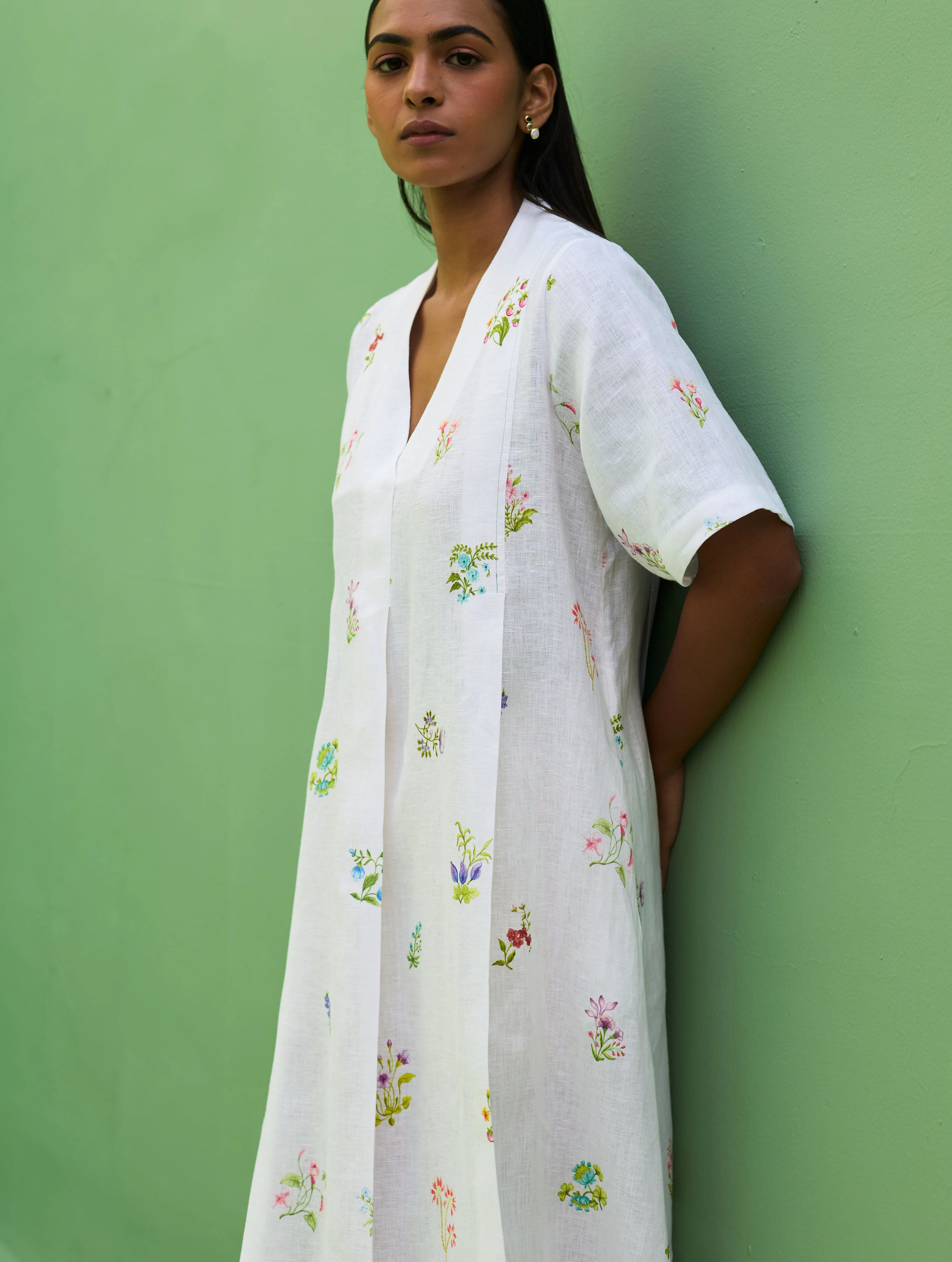 Ita Pleated Floral Linen Dress - Ivory - Image 8