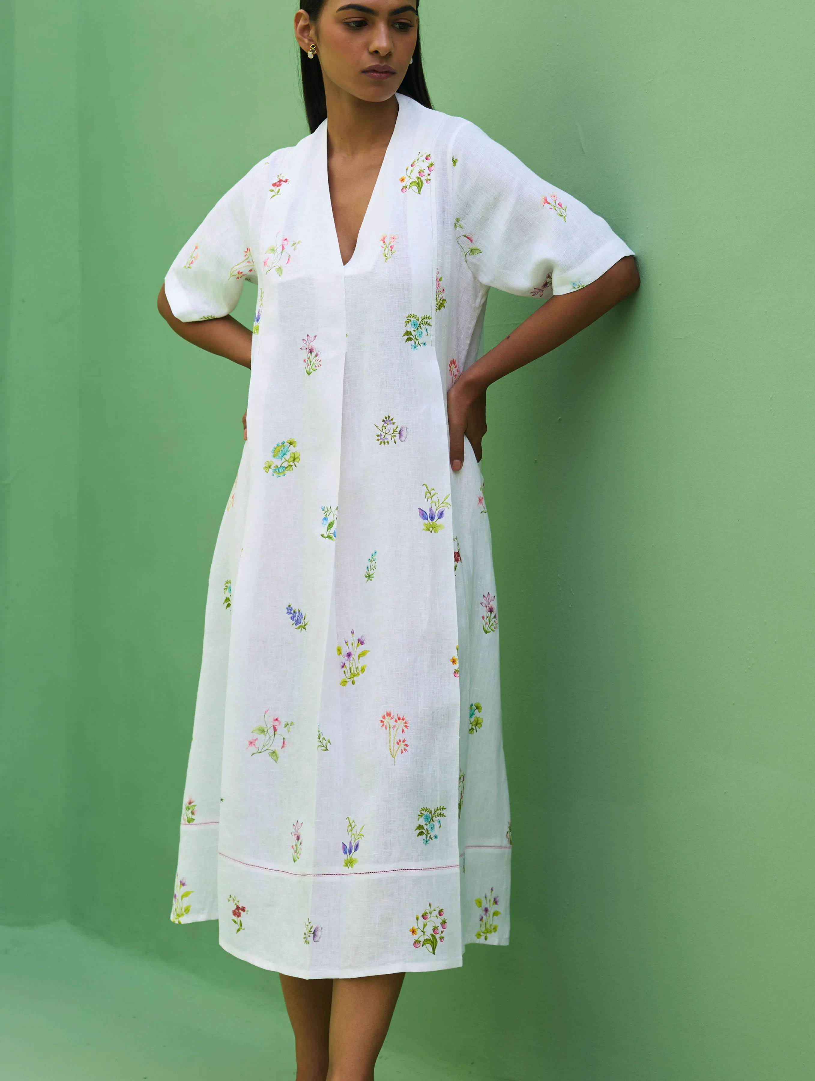 Ita Pleated Floral Linen Dress - Ivory - Image 9
