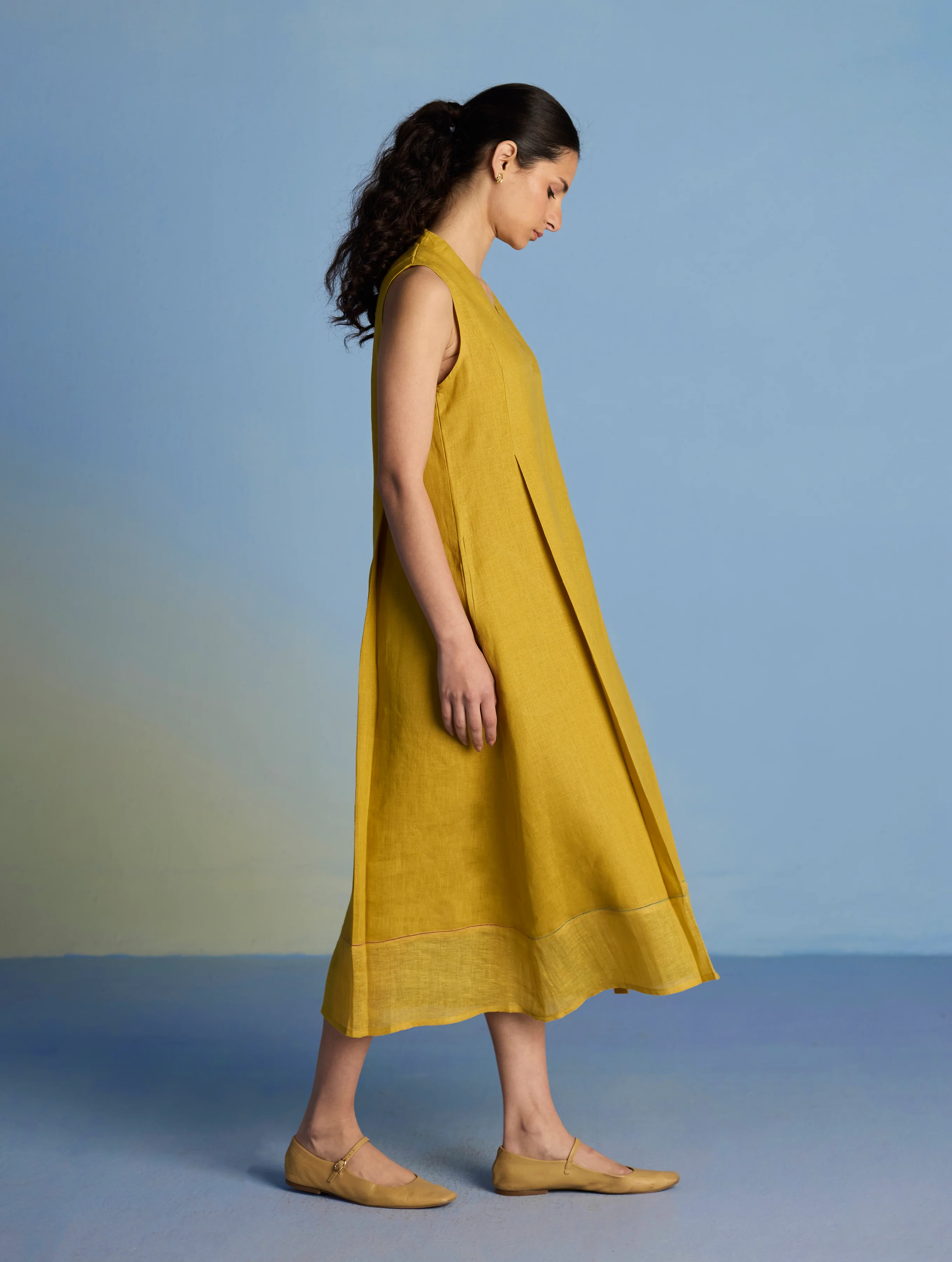 Ita Pleated Linen Dress and Overlay - Ochre - Image 11