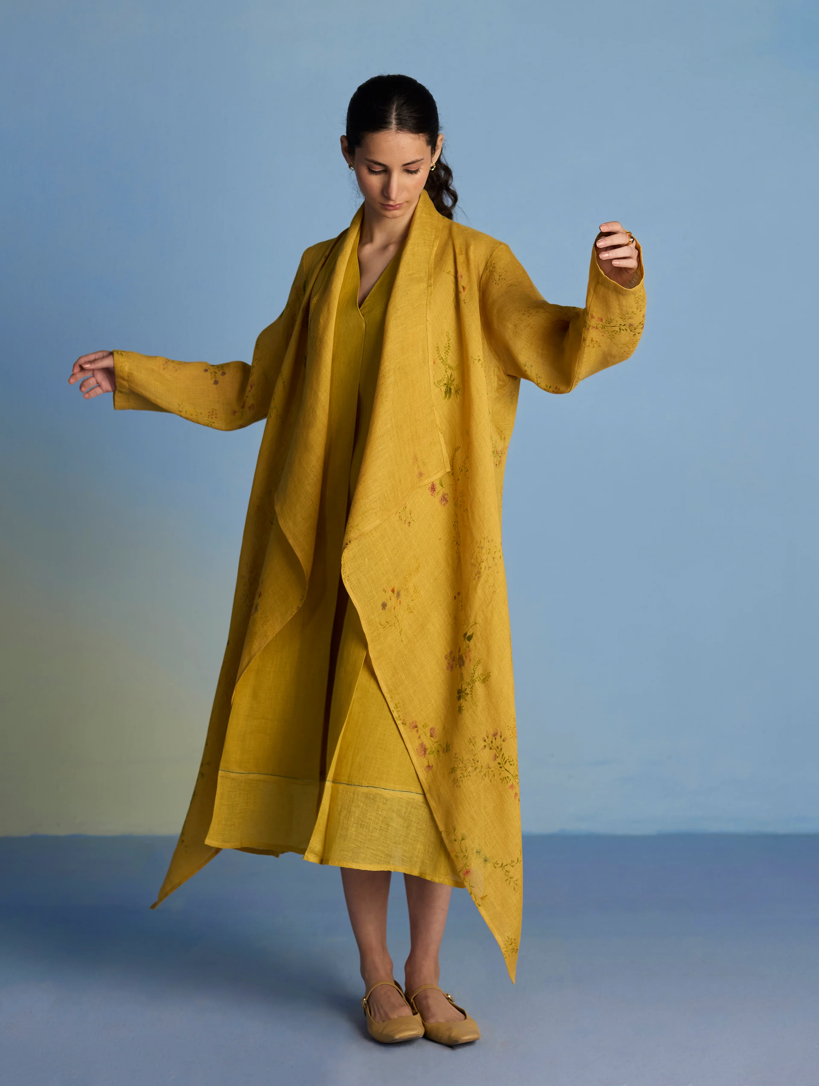 Ita Pleated Linen Dress and Overlay - Ochre - Image 2
