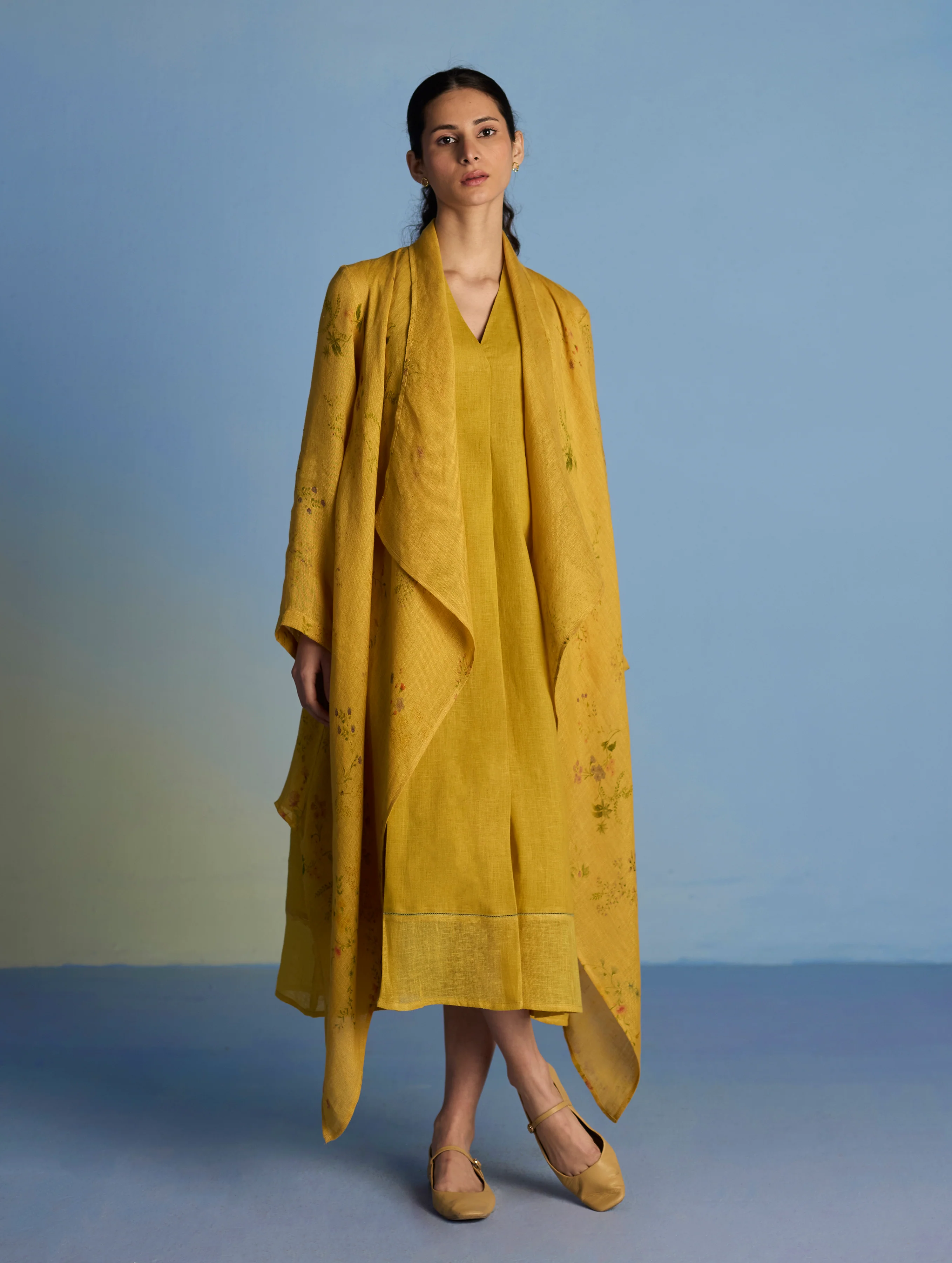 Ita Pleated Linen Dress and Overlay - Ochre - Image 3