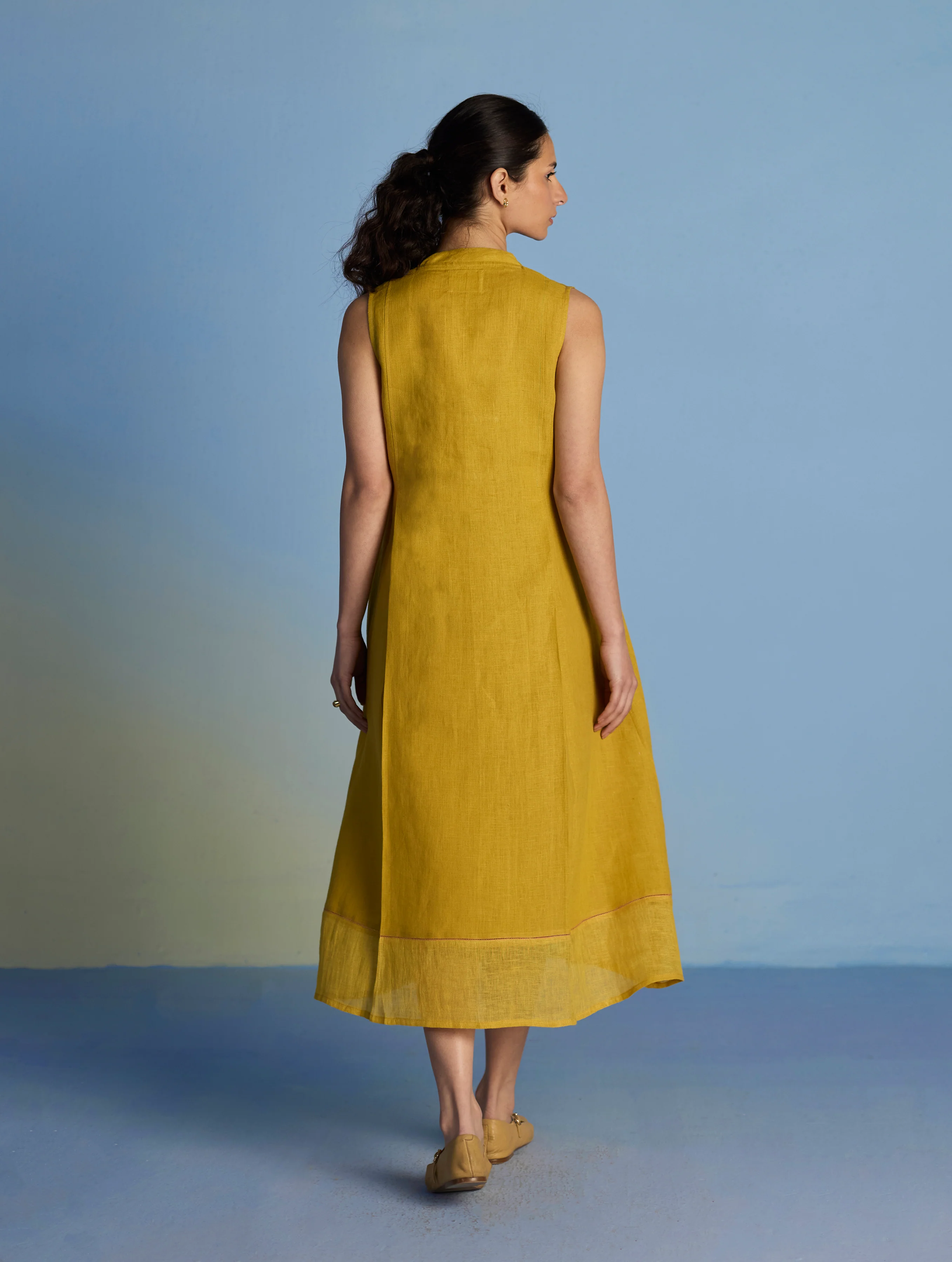 Ita Pleated Linen Dress and Overlay - Ochre - Image 4