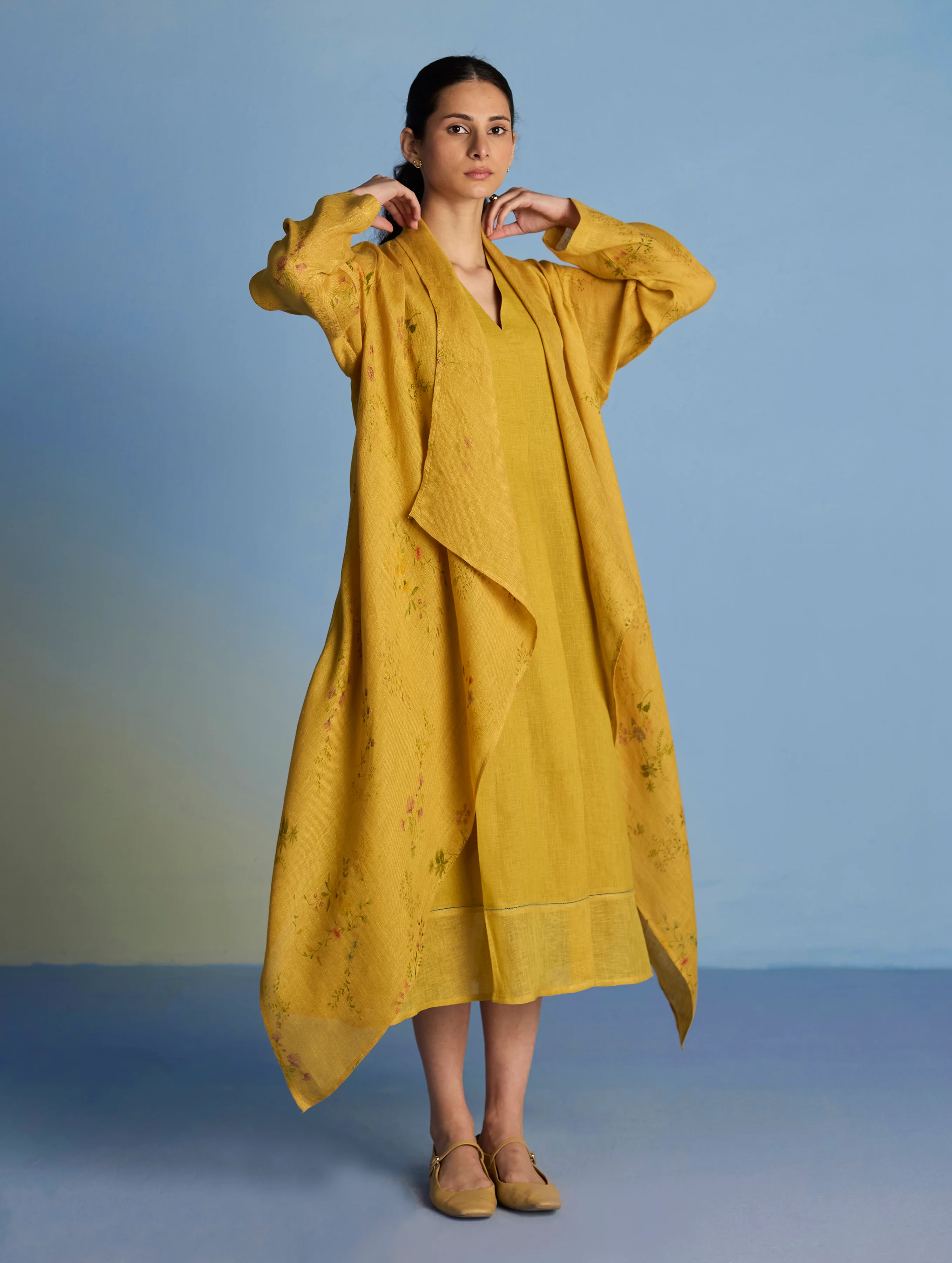 Ita Pleated Linen Dress and Overlay - Ochre - Image 5