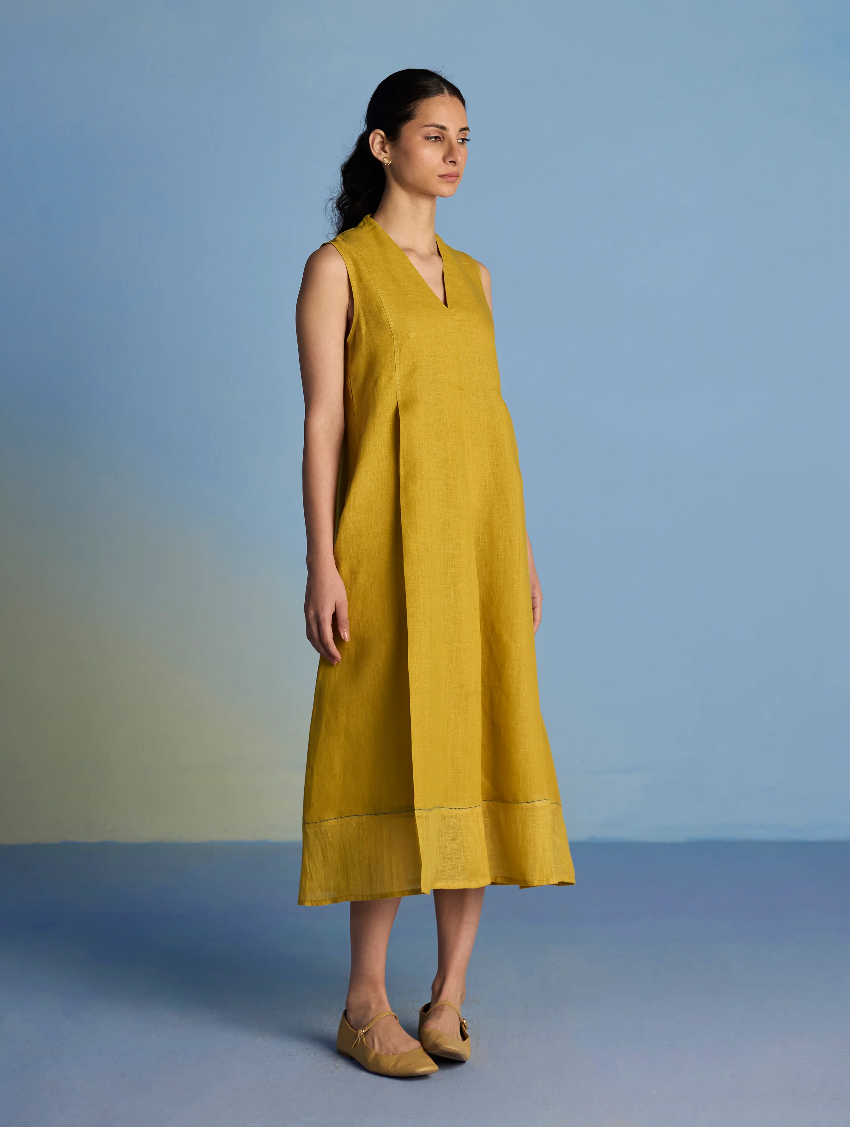Ita Pleated Linen Dress and Overlay - Ochre - Image 6