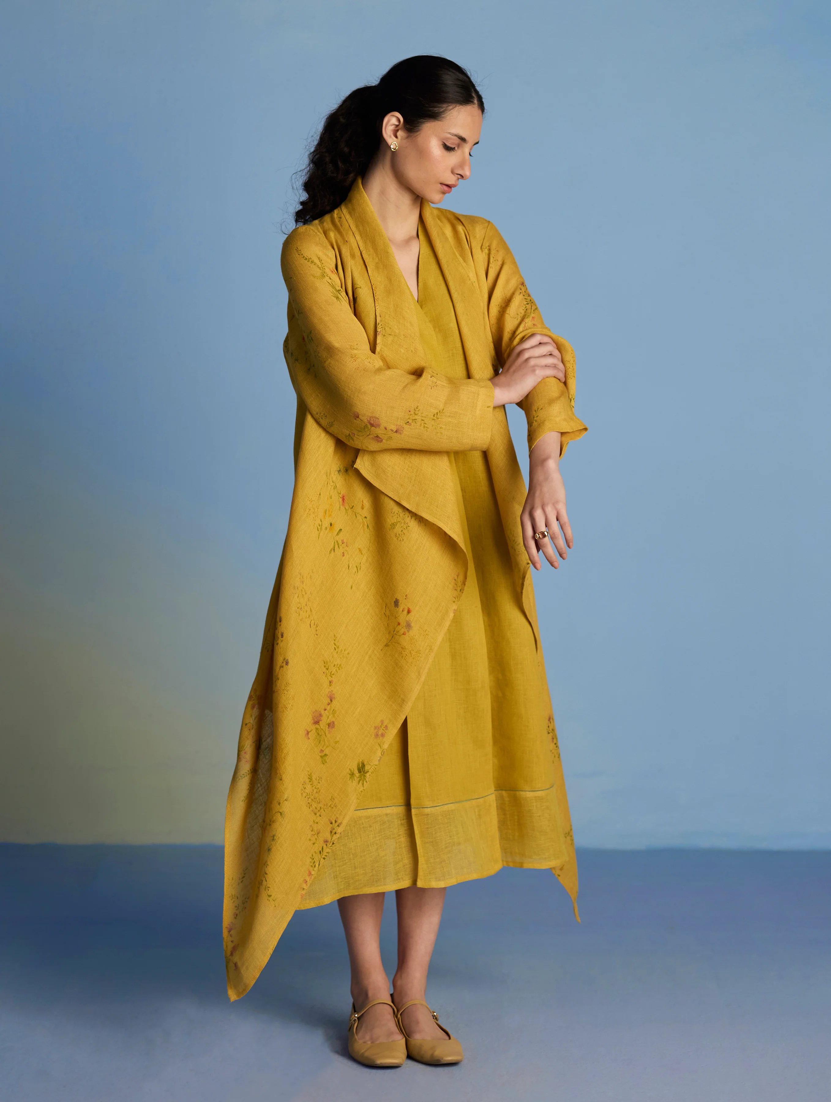 Ita Pleated Linen Dress and Overlay - Ochre - Image 8