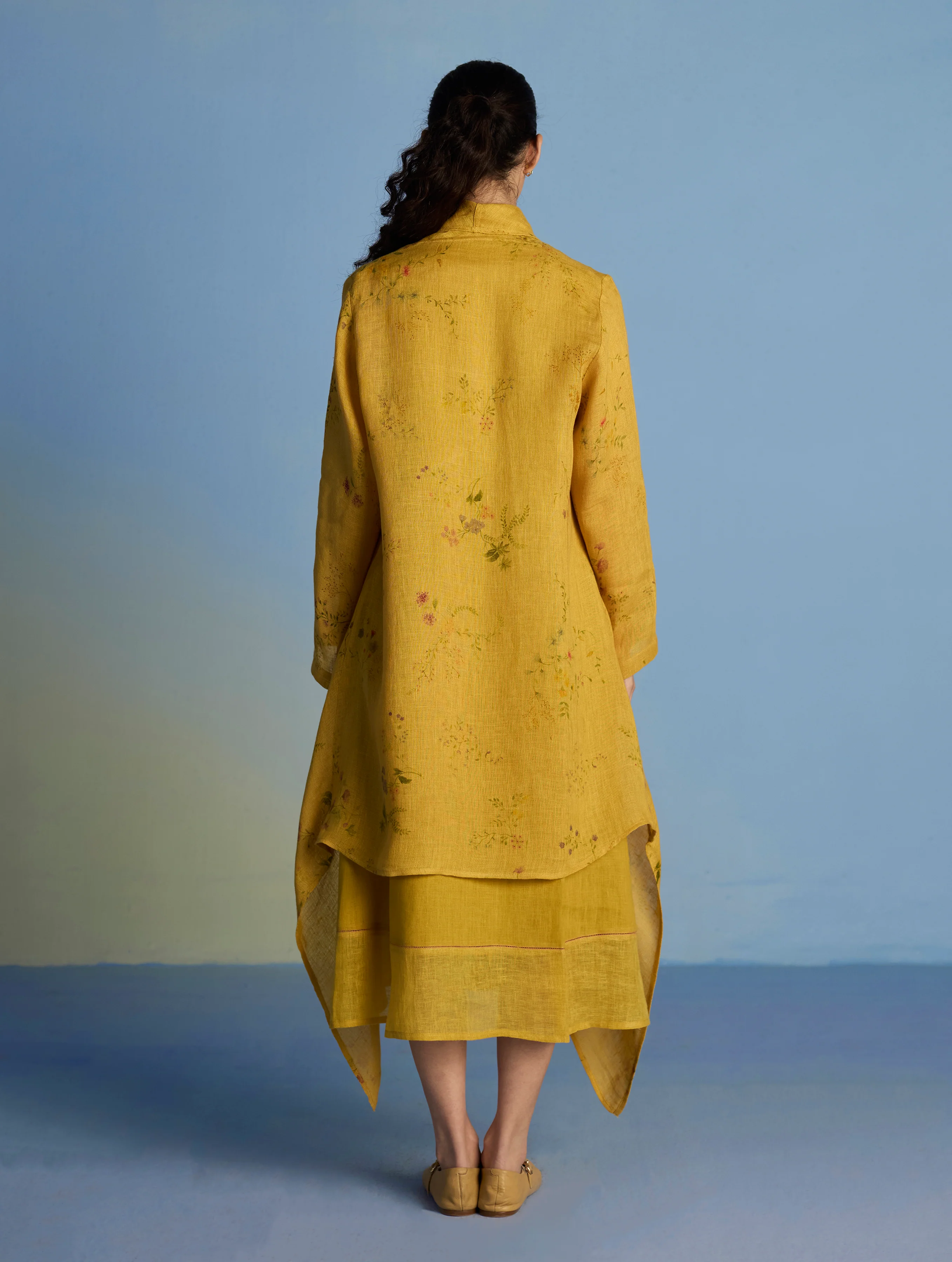 Ita Pleated Linen Dress and Overlay - Ochre - Image 9