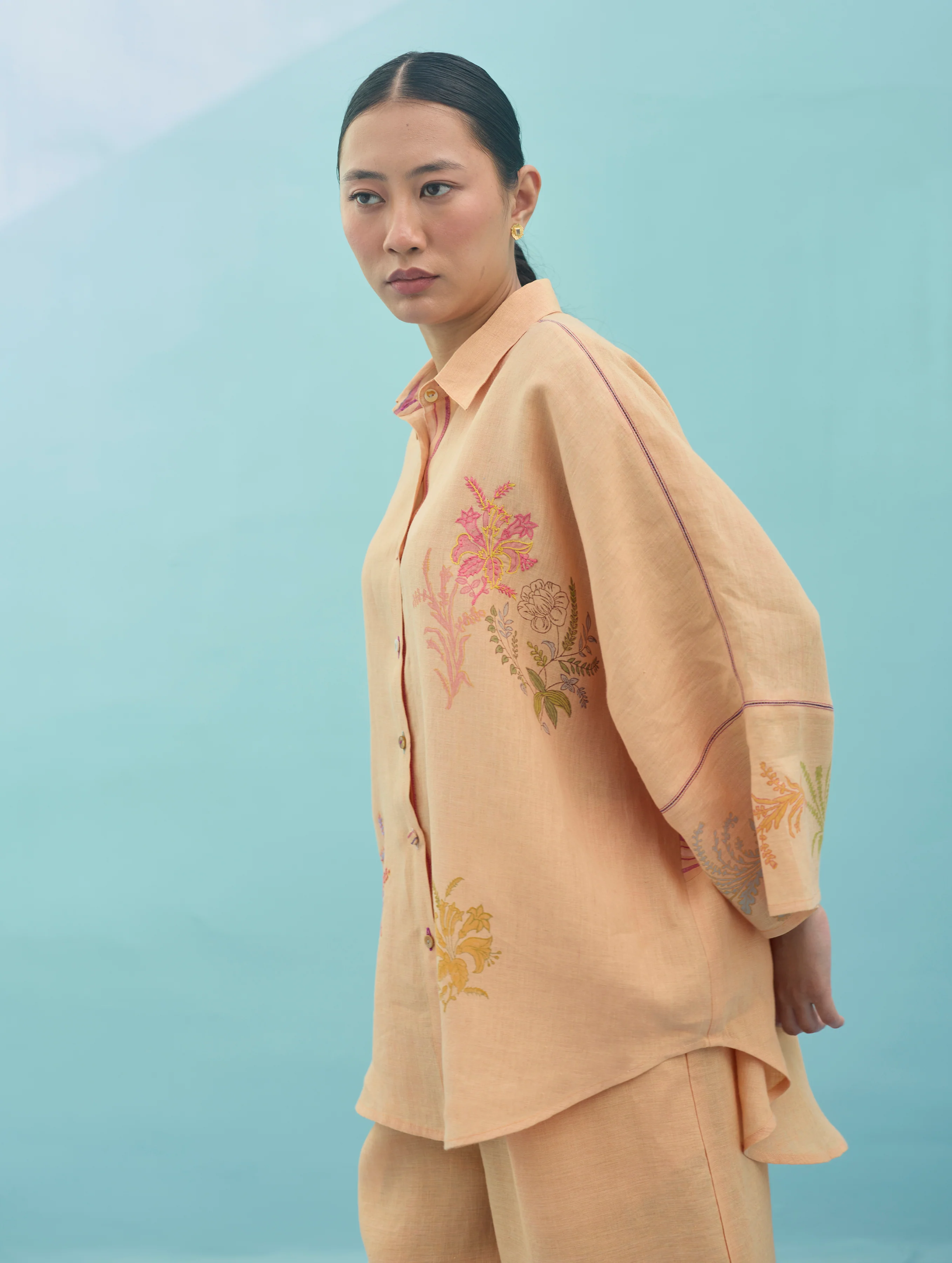 Iva Block Printed Floral Embroidered Shirt - Apricot - Image 10