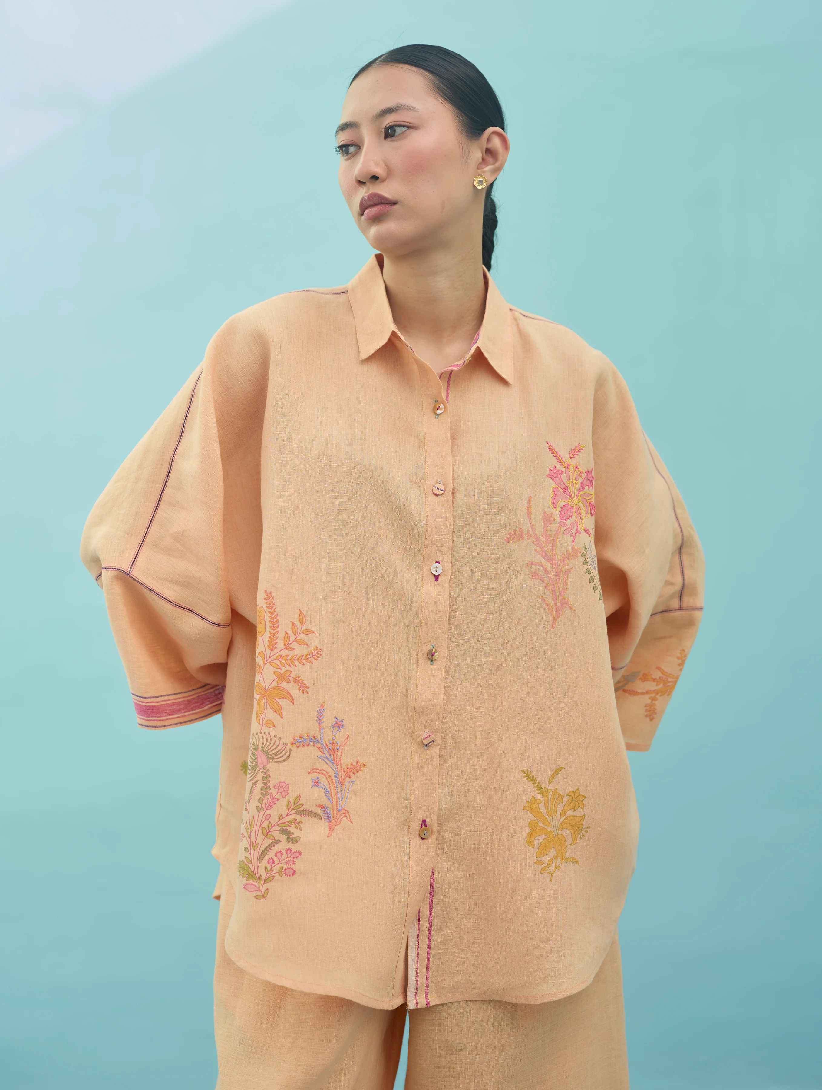 Iva Block Printed Floral Embroidered Shirt - Apricot - Image 12