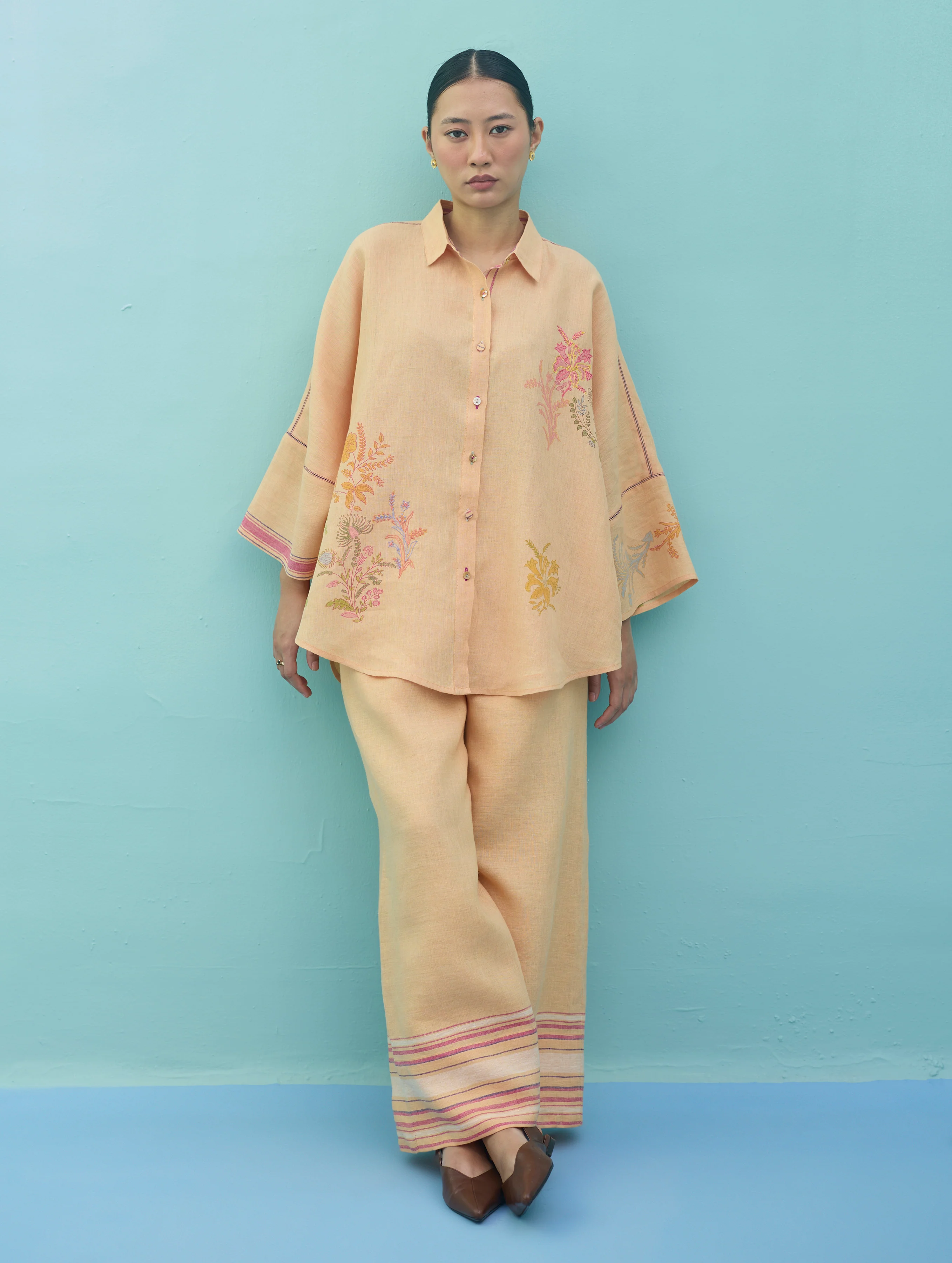 Iva Block Printed Floral Embroidered Shirt - Apricot - Image 2