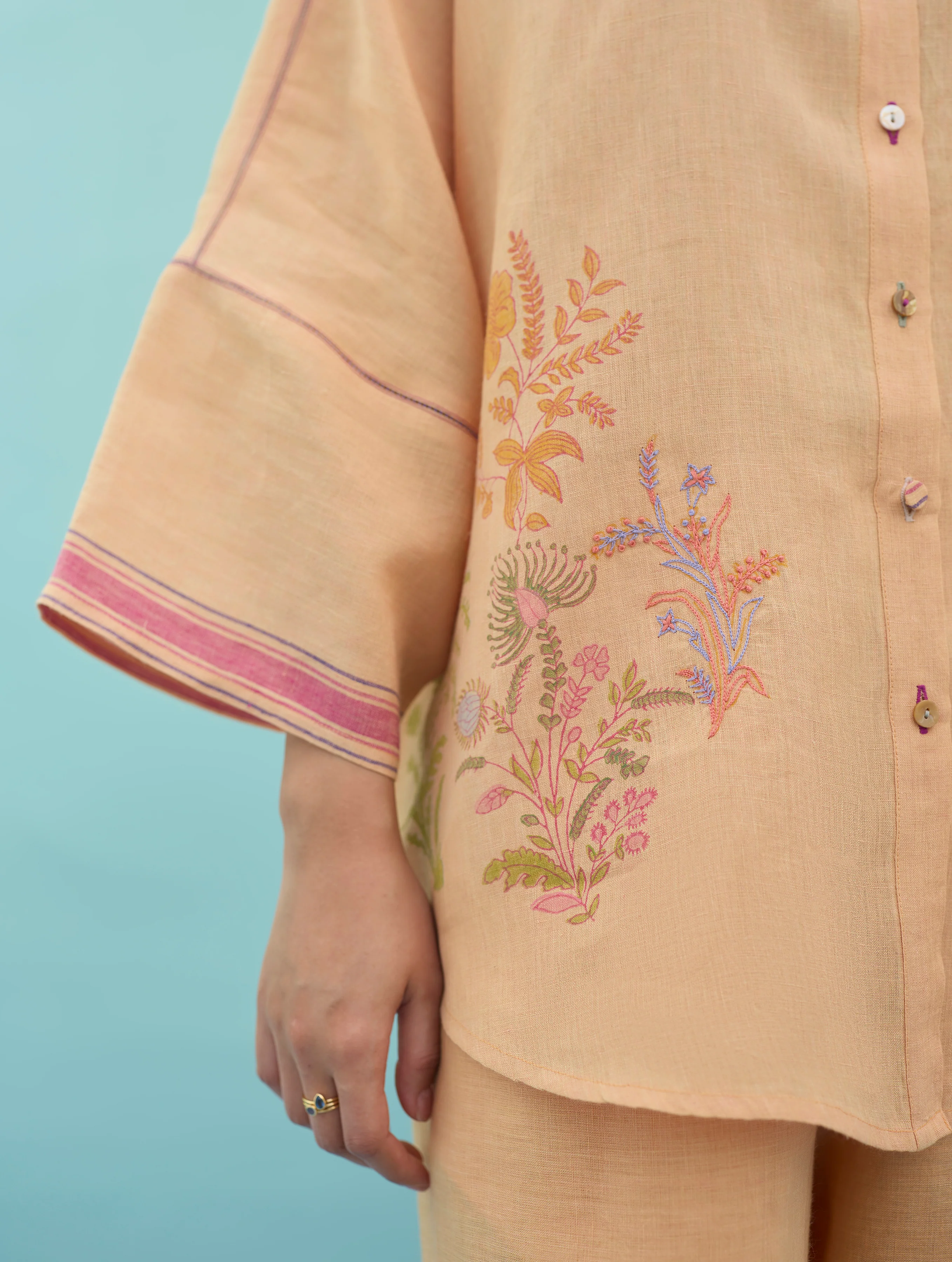 Iva Block Printed Floral Embroidered Shirt - Apricot - Image 3