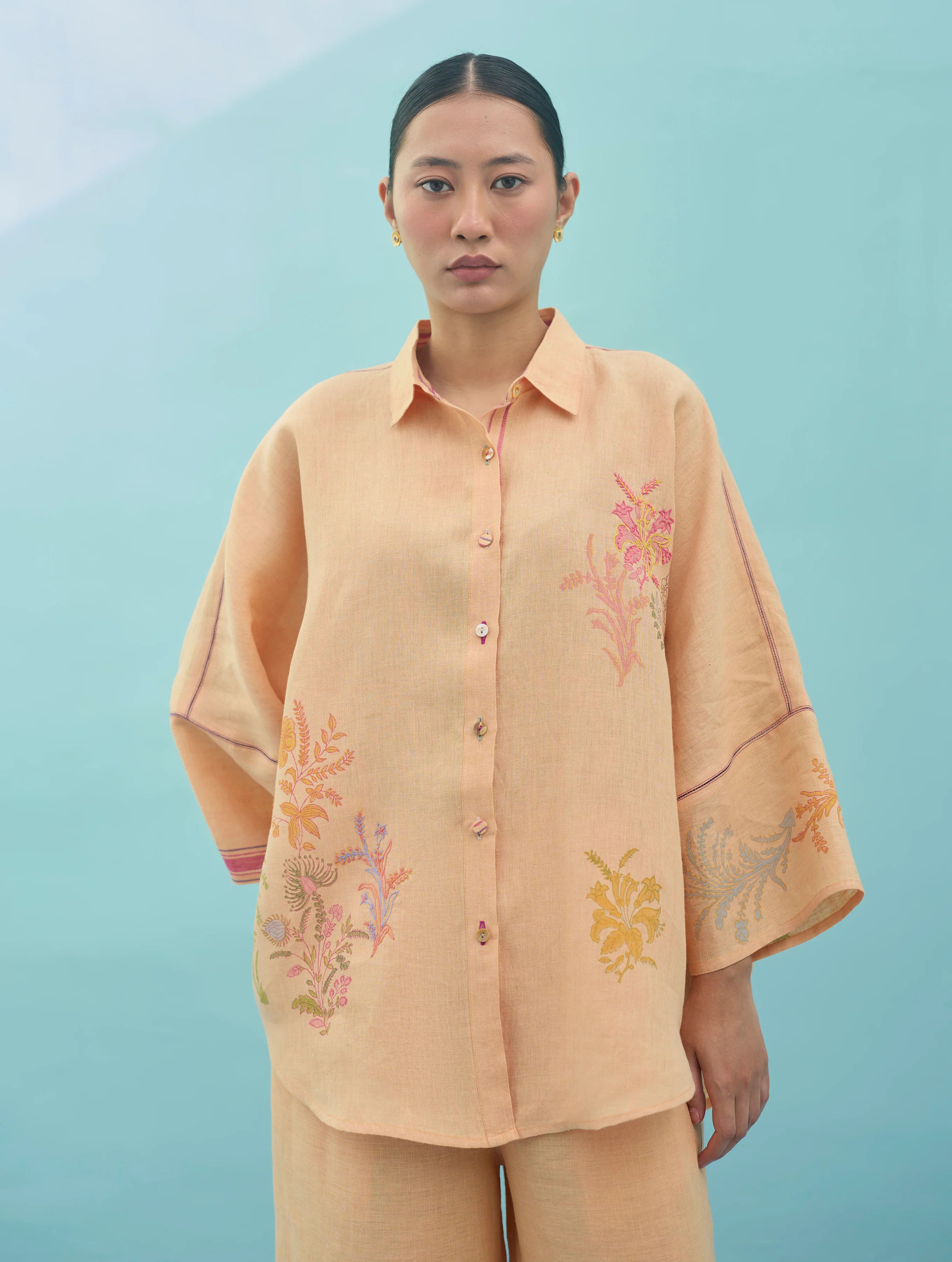 Iva Block Printed Floral Embroidered Shirt - Apricot - Image 4