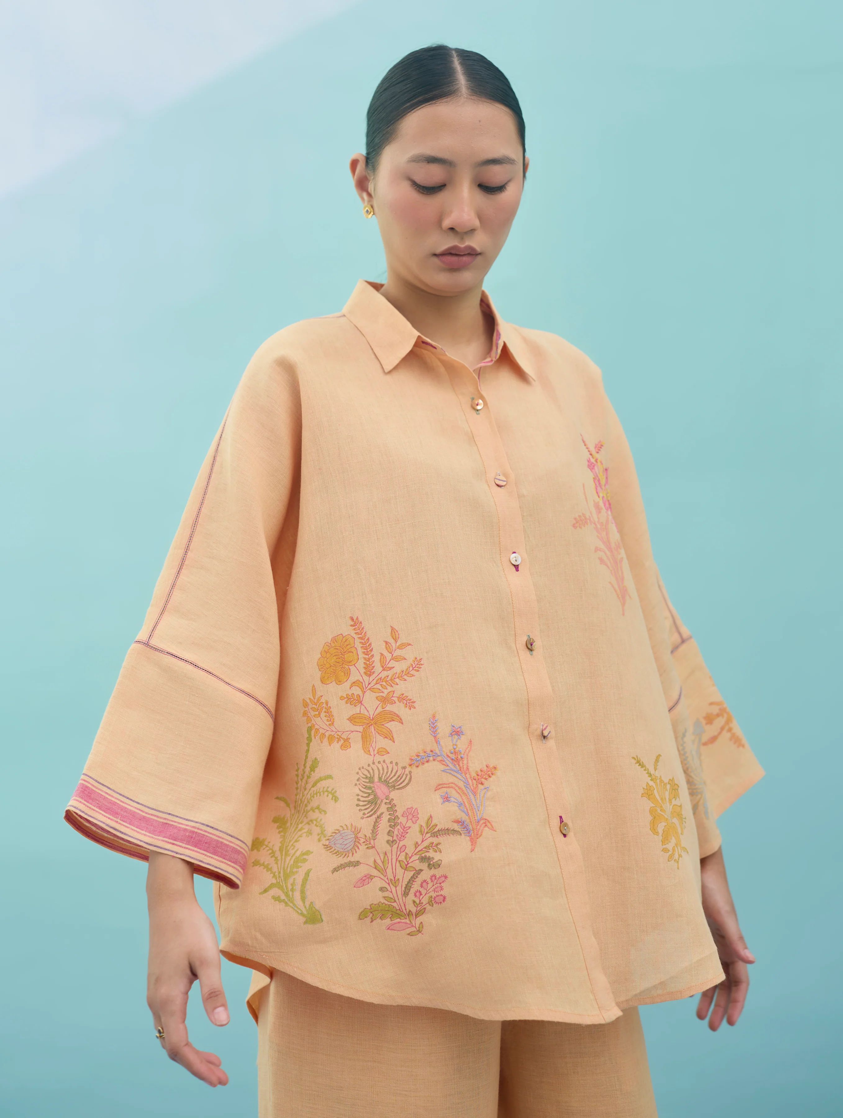 Iva Block Printed Floral Embroidered Shirt - Apricot - Image 5