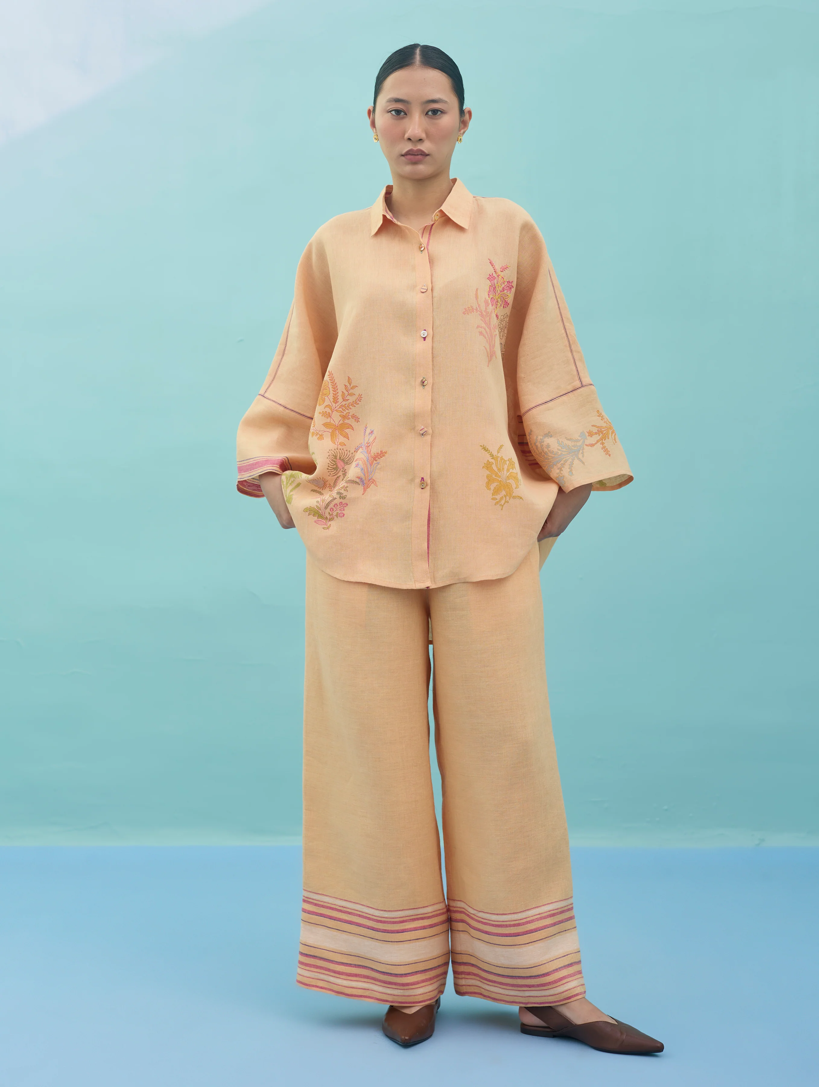 Iva Block Printed Floral Embroidered Shirt - Apricot - Image 6