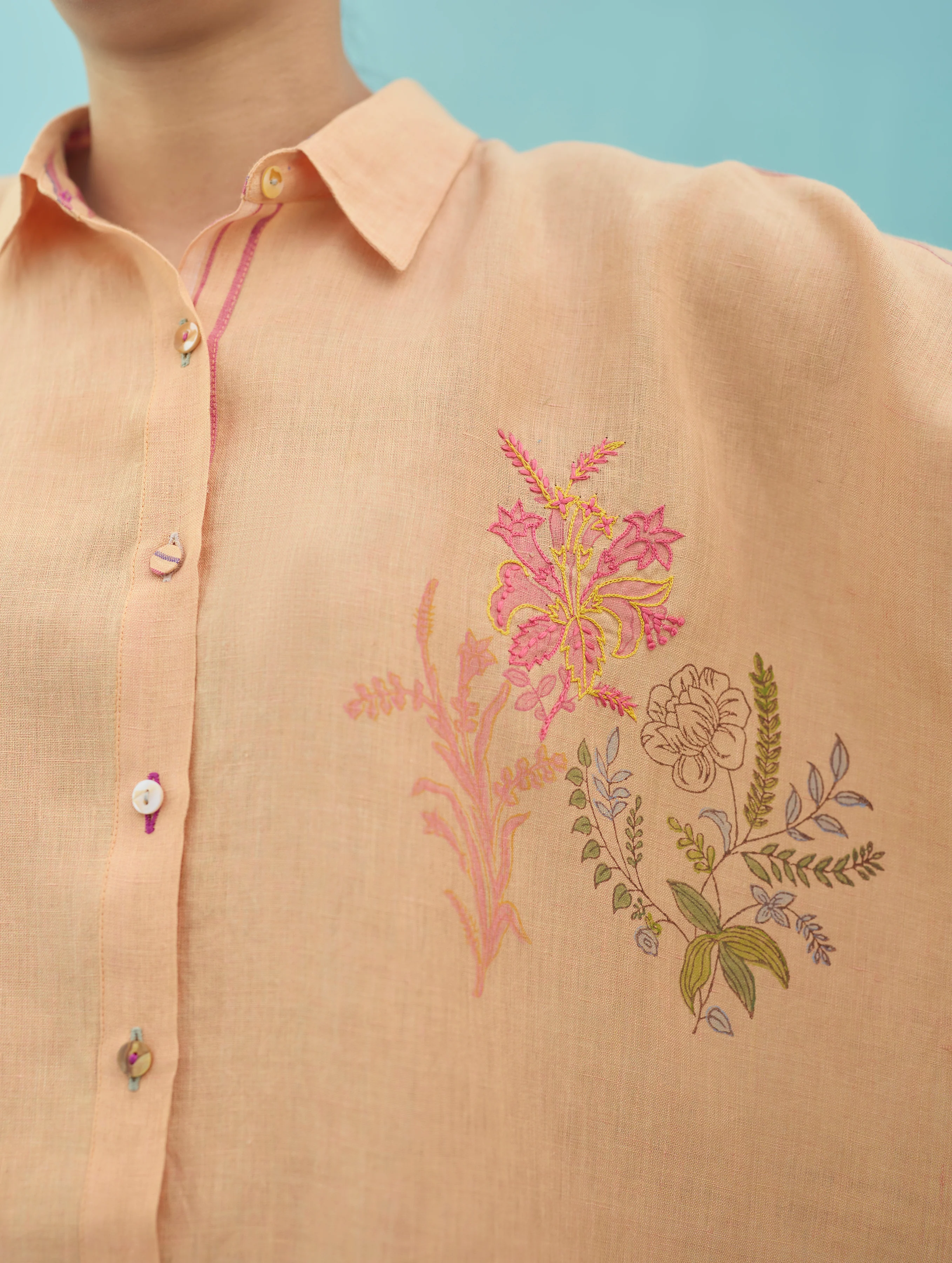 Iva Block Printed Floral Embroidered Shirt - Apricot - Image 7