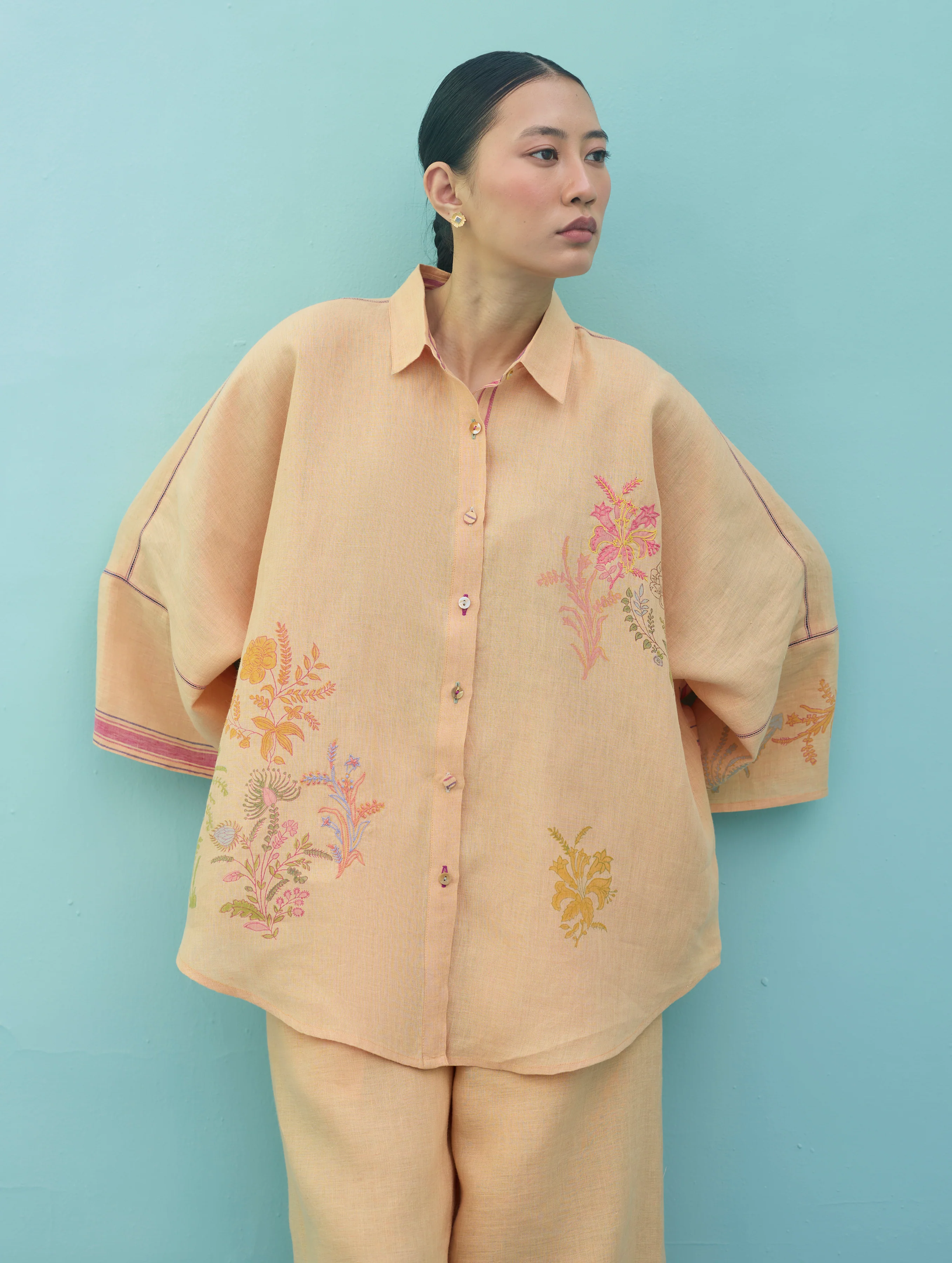 Iva Block Printed Floral Embroidered Shirt - Apricot - Image 8
