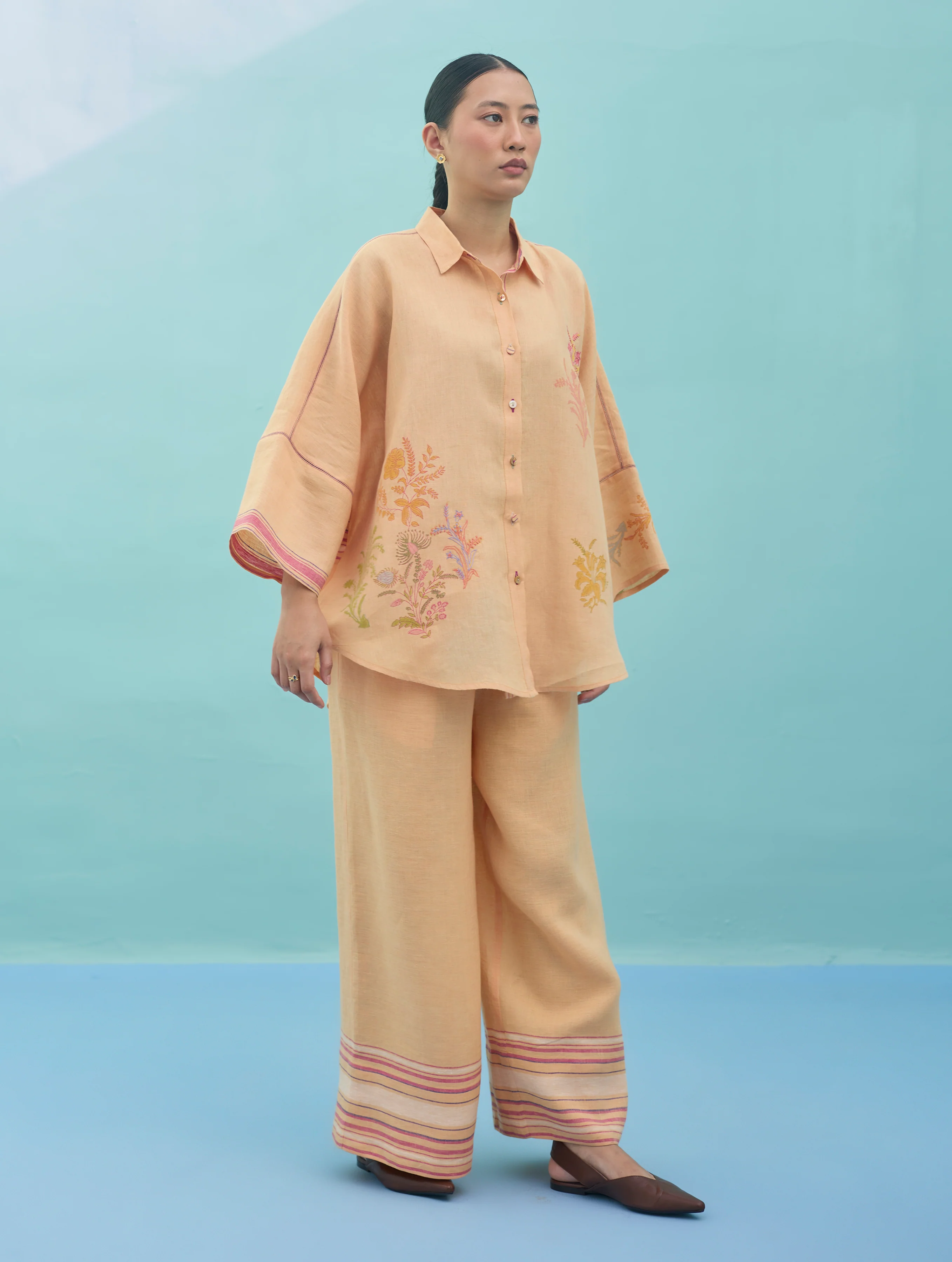 Iva Block Printed Floral Embroidered Shirt - Apricot - Image 9