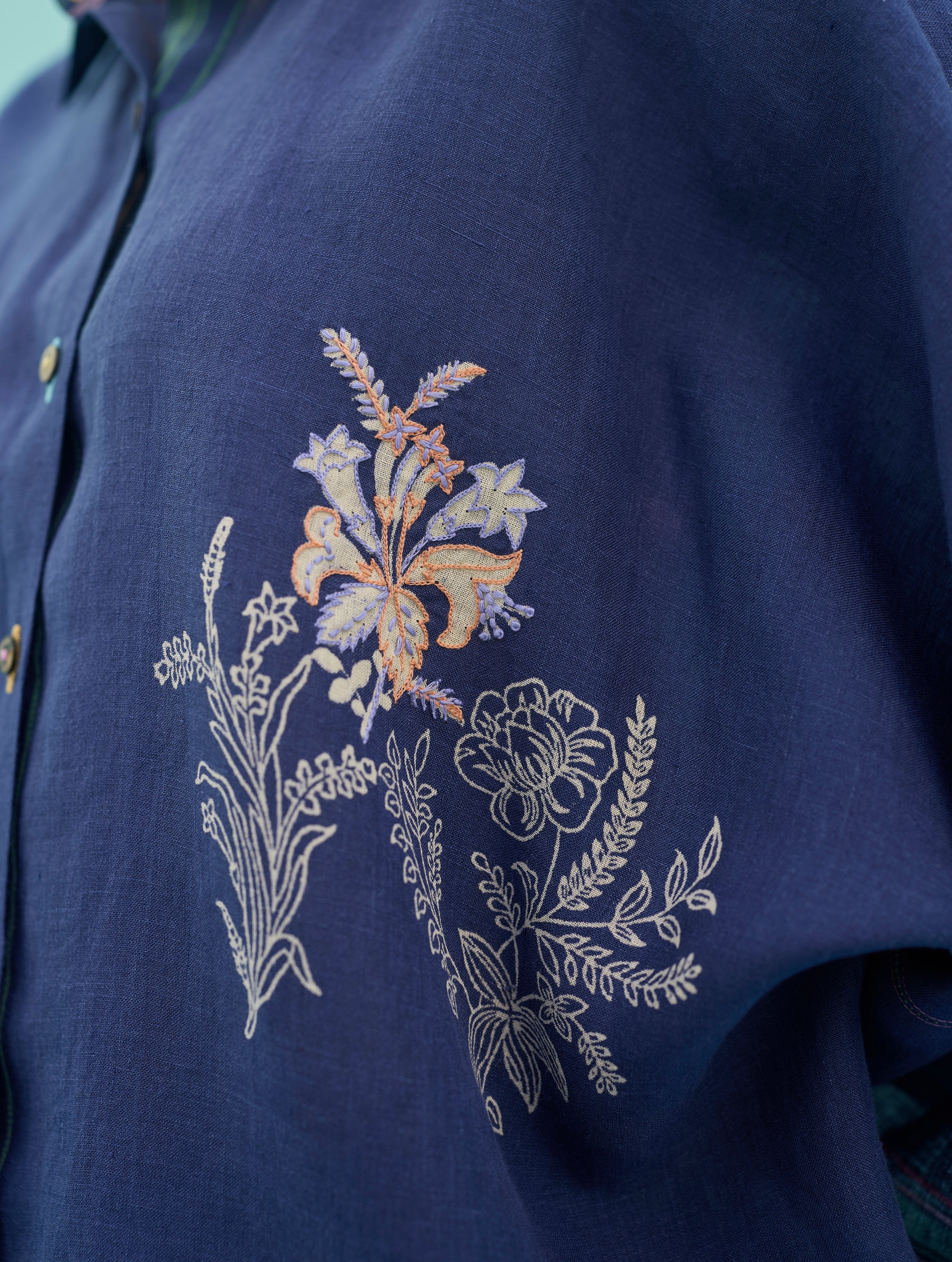Iva Block Printed Floral Embroidered Shirt - Indigo - Image 12