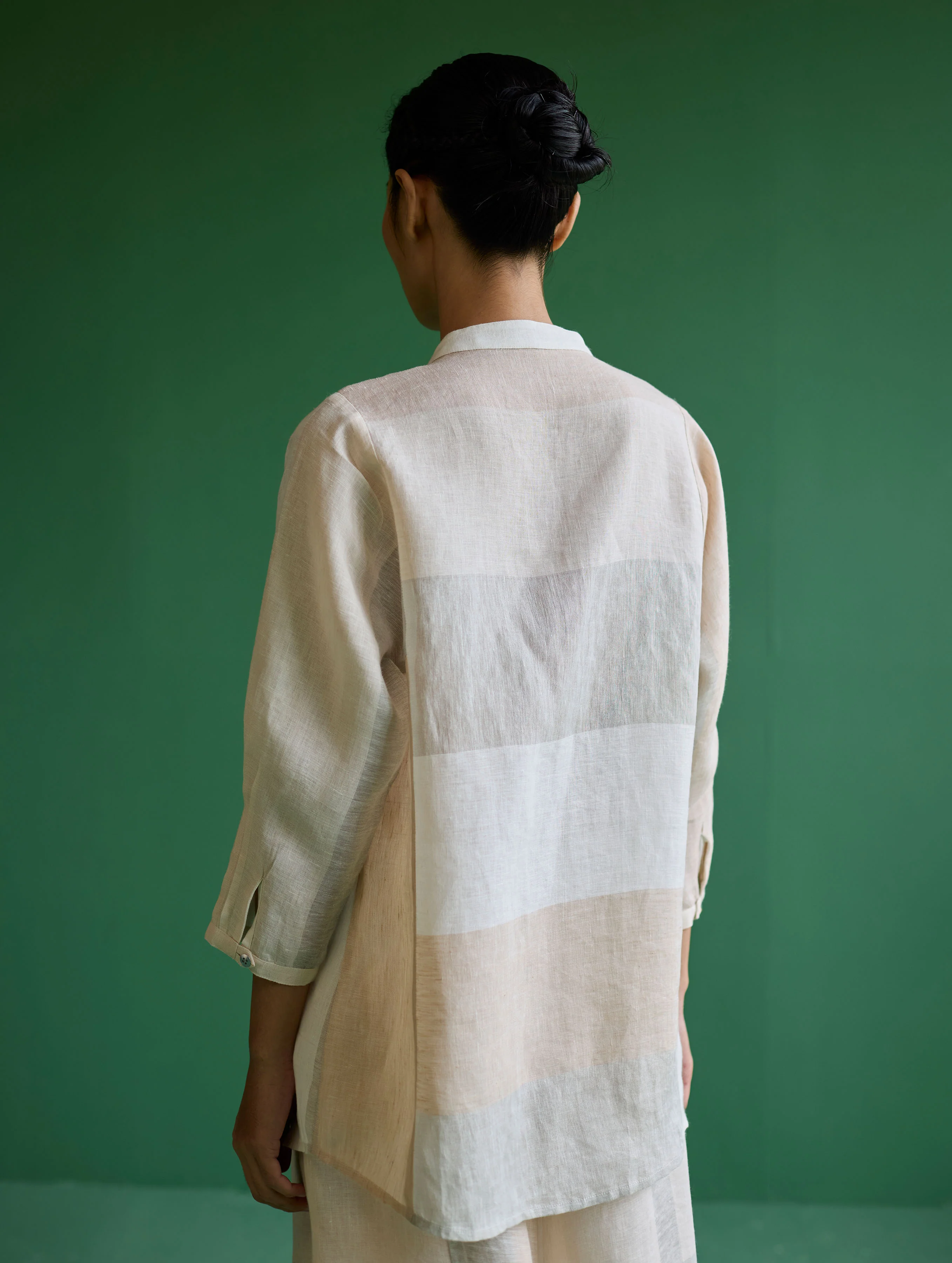 Izara Stripe Patchwork Linen Shirt - Ivory - Image 2