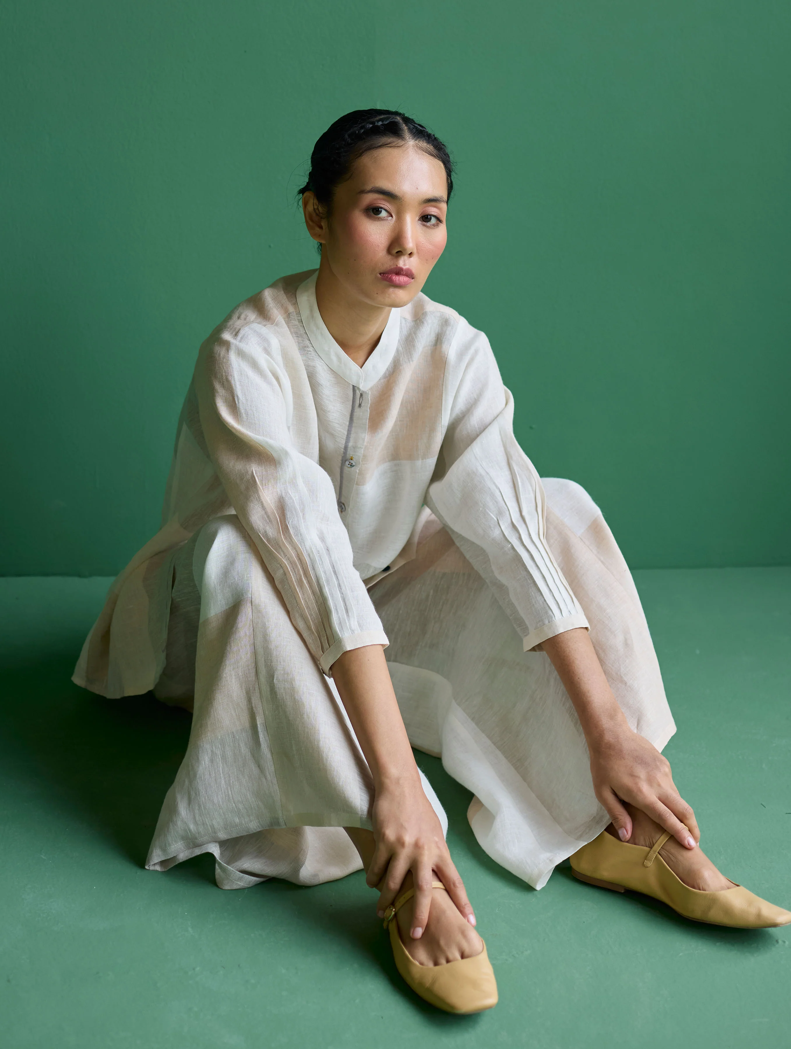 Izara Stripe Patchwork Linen Shirt - Ivory - Image 4
