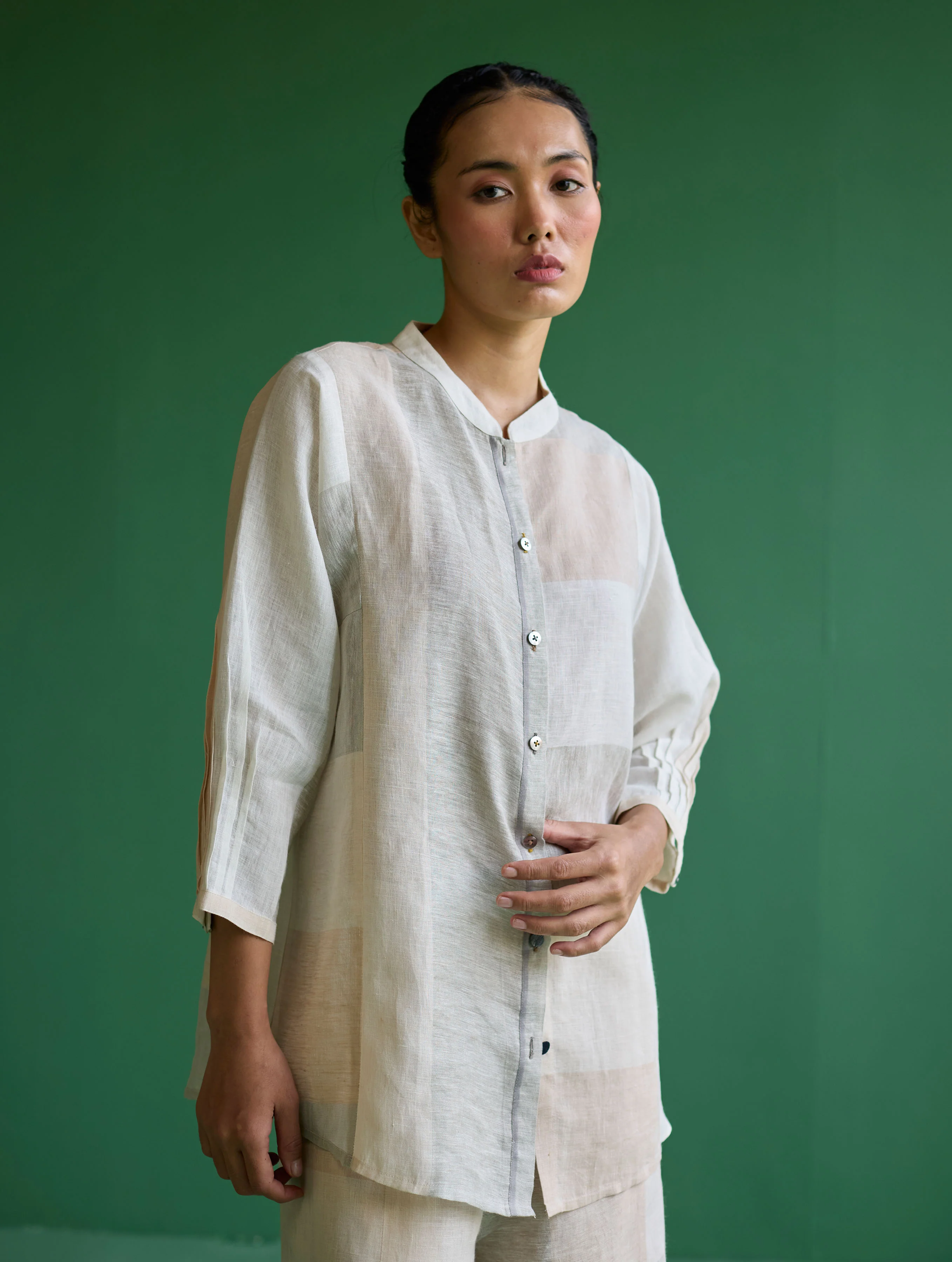 Izara Stripe Patchwork Linen Shirt - Ivory - Image 5