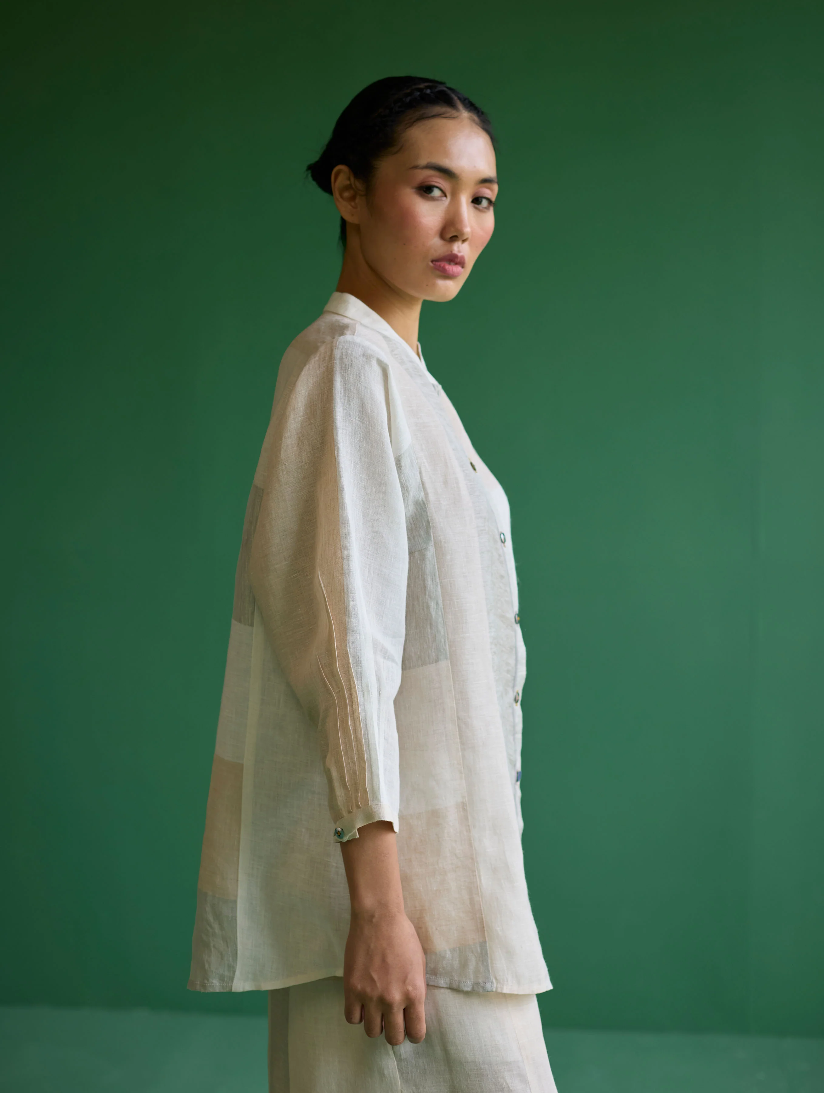 Izara Stripe Patchwork Linen Shirt - Ivory - Image 7